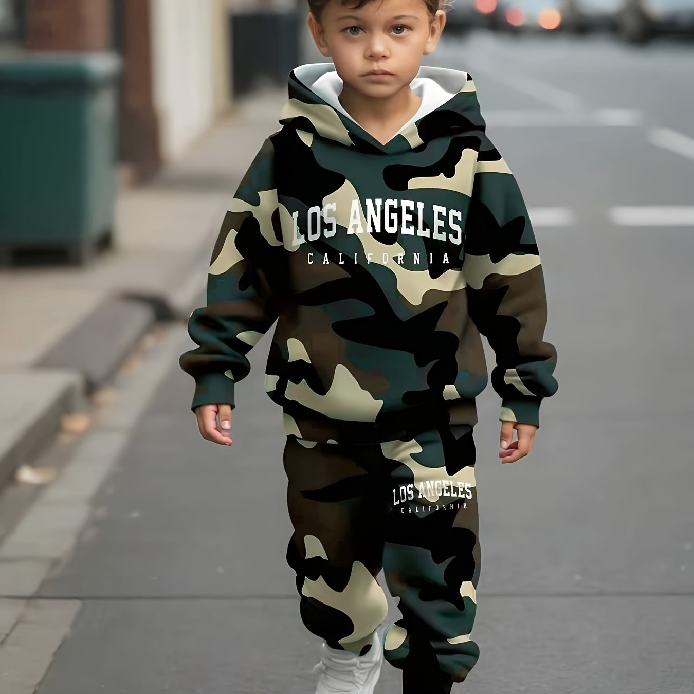 2pcs Set. Boys' Hooded Sweatshirt And Joggers With Los Angeles California Lettering, Suitable For 1-8 Year Old Boys. Perfect For Outdoor Play, Casual Wear