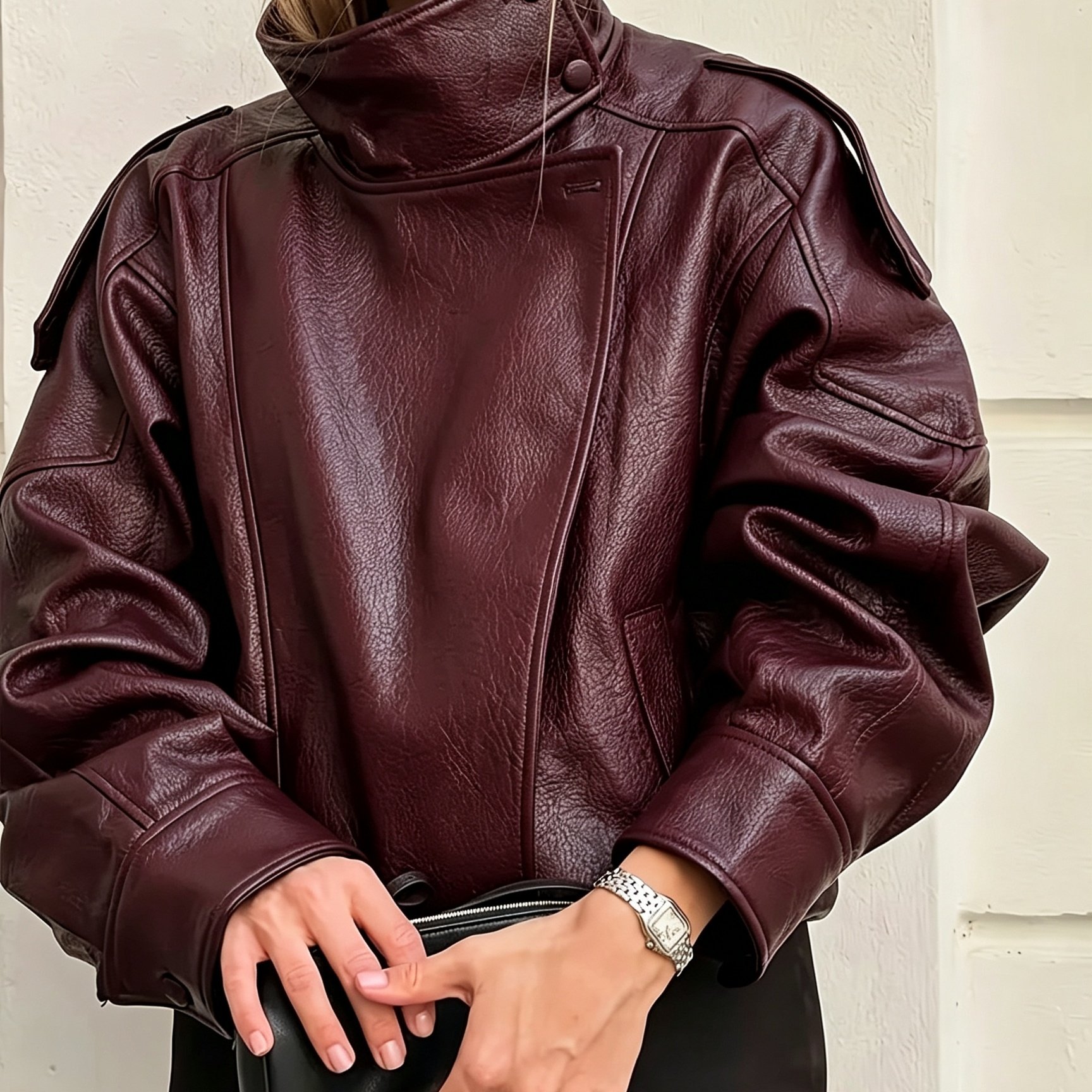 TEMU Nueva chaqueta de de con cuello y tapeta inclinada para mujer, chaqueta de motociclista corta vintage holgada de hombros caídos, de abrigo con