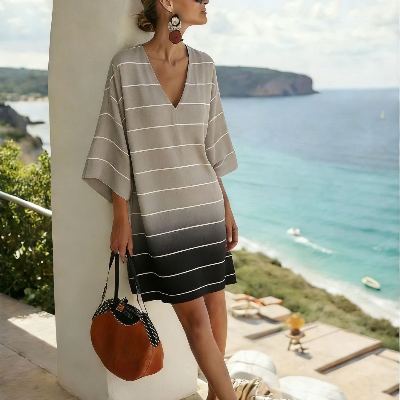 Image of Women's Vacation Cover Up Dress, Gray-black Gradient White Stripe V-neck Loose Short Beach Dress, Minimalist High-end Bikini Cover Up