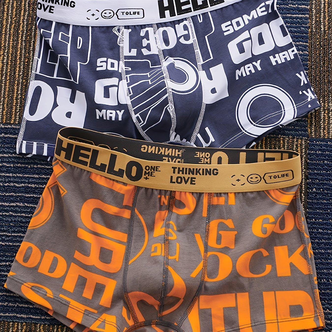 Image of Two-striped Sapphire Blue And Orange -leg Men's Underwear, Square-leg National Square-leg Pants, Mid-waist