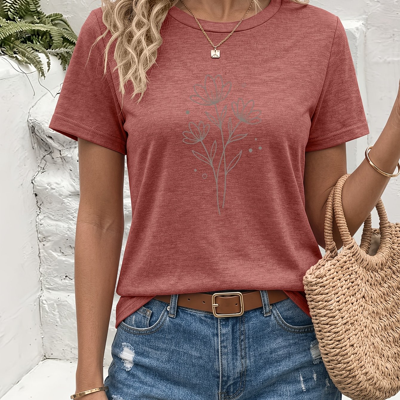 TEMU Gentle And Fresh, Minimalist Style Floral Art Pattern Printed Round Neck Short Sleeve T-shirt, Suitable For Daily Wear, Travel Vacation, Leisure