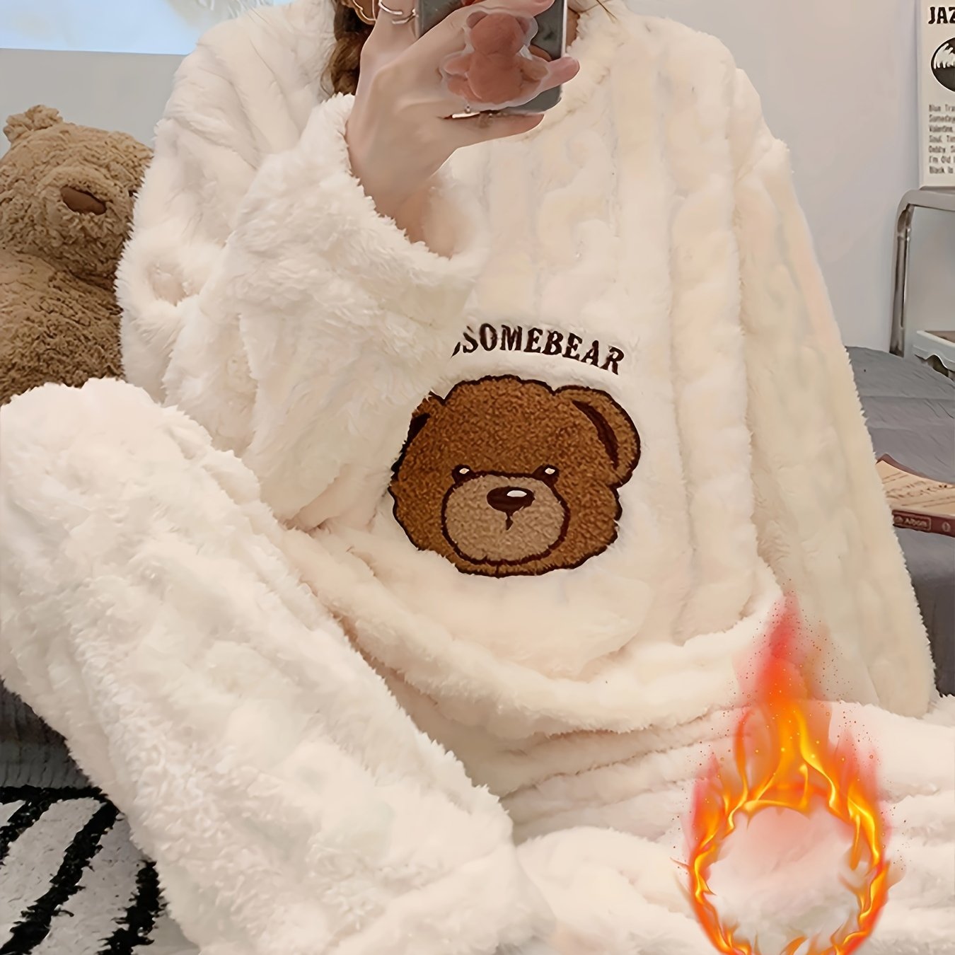 Image of Cozy Plus Size Women's Pajama Set - Cute Bear Embroidery, Long Sleeve & Flannel Pants, Warm Winter Sleepwear