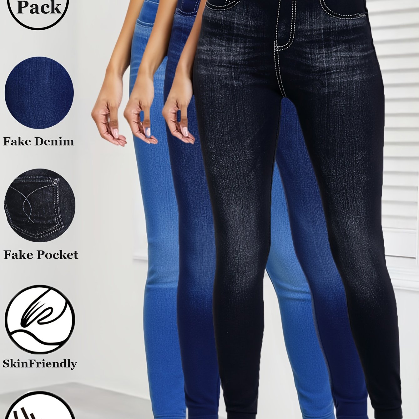 TEMU [printed Leggings - Not Denim Fabric]3 Pack Women's Stretchy Leggings In Solid Colors, Featuring Blue And Black Denim. Versatile, Stylish, And