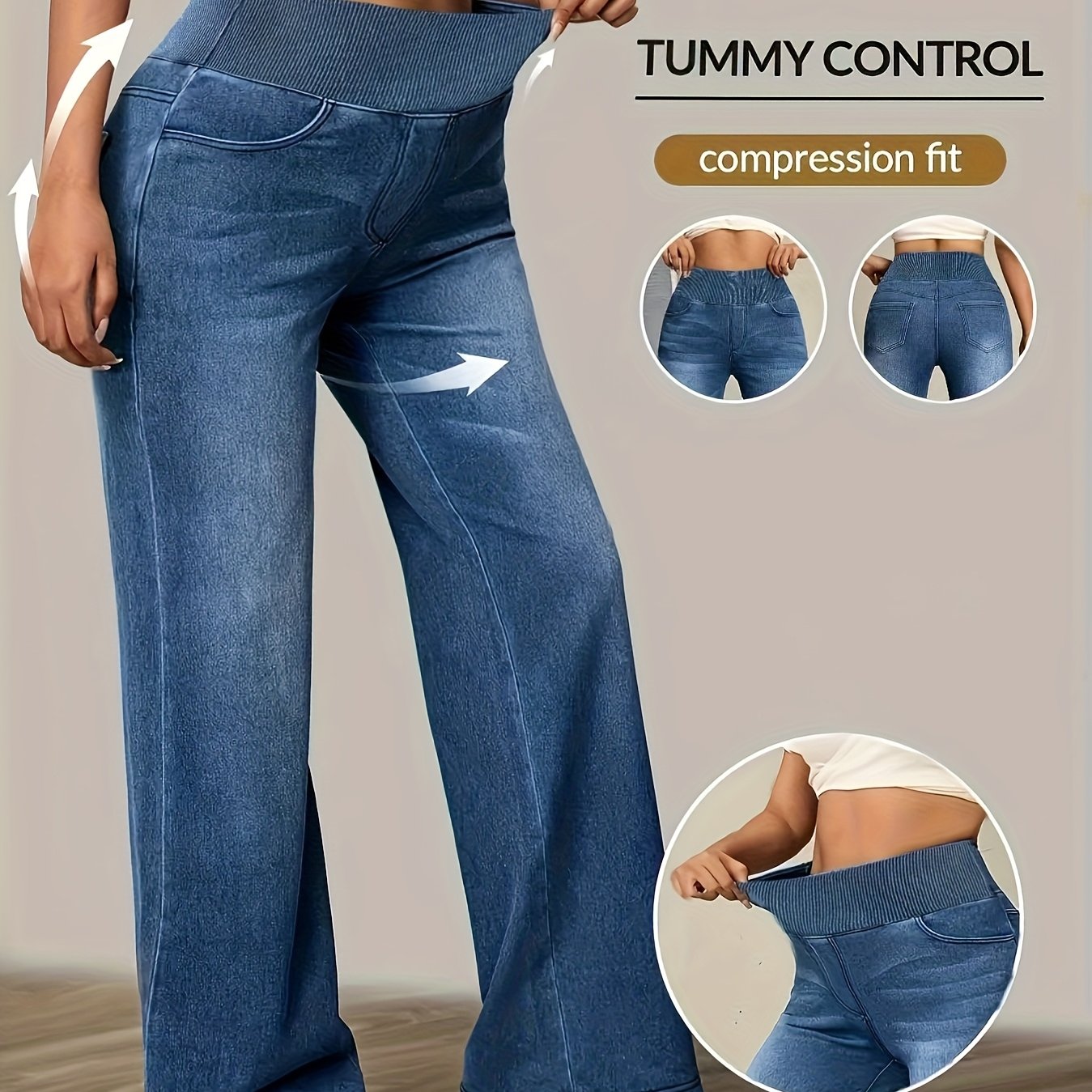 Image of Kcgh Plus Size Women's Clothing Blue Wide-leg Jeans High-waist Stretch Elastic Waistband Denim Pants Casual Loose Fit Tummy Control Jeans