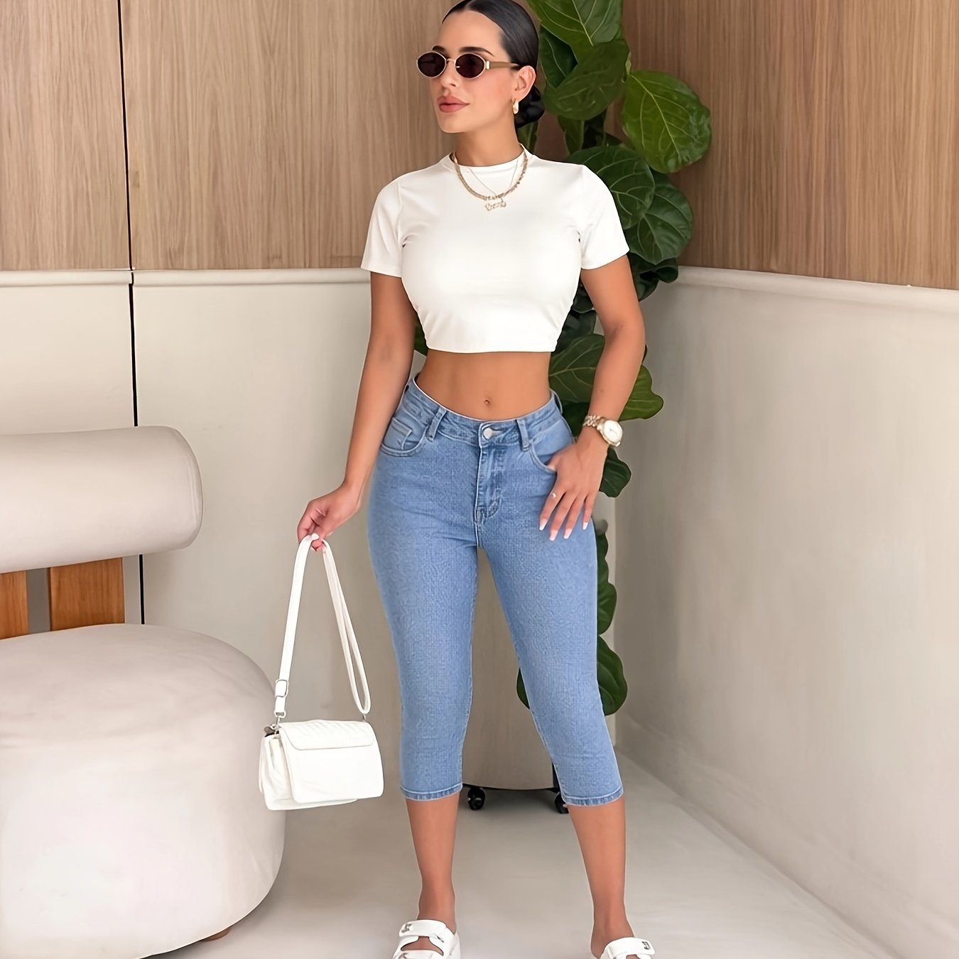2026ss Women's Jeans, Summer Washed Light Blue Skinny Capri Pants, Stretchy And Comfortable Fabric, Perfect For Daily Casual Wear, Fashionable Split , Fade-resistant Denim