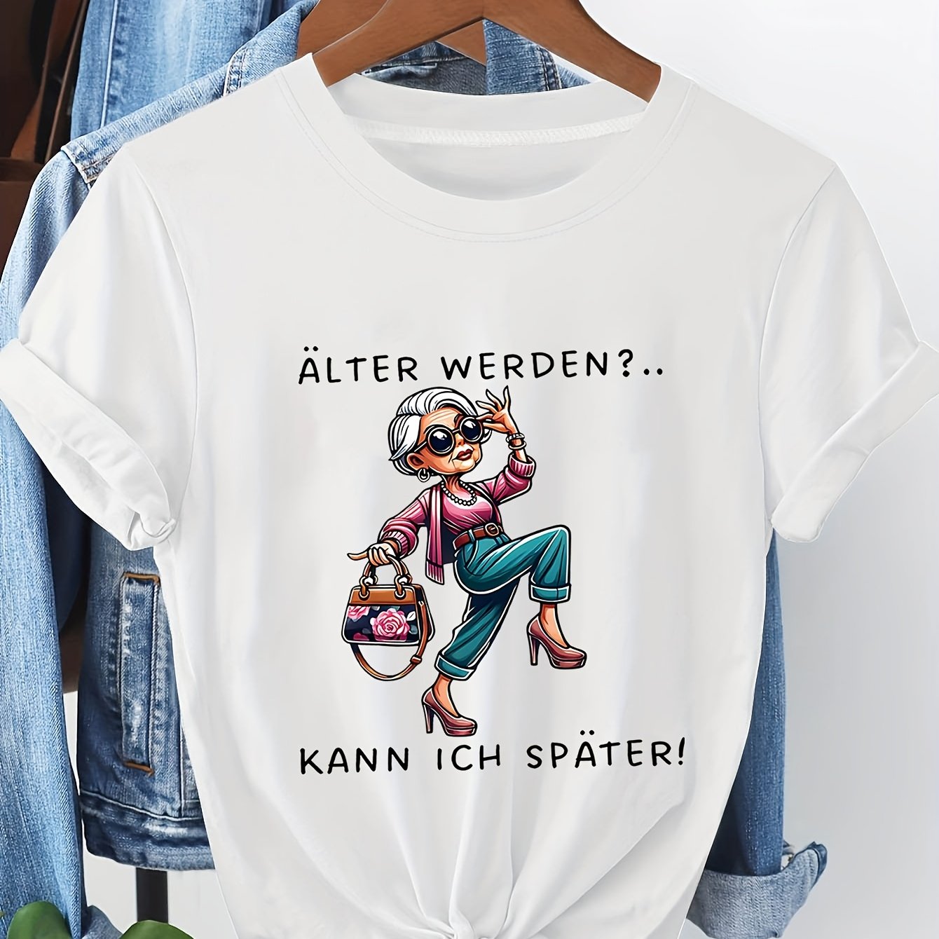 Image of Plus Size, Women's Plus Size German Granny Humor T-shirt - Funny "refuses To Age" Letter Print Crew Neck Short Sleeve -compatible Top For Bust & , Machine Washable Casual Wear (non-)