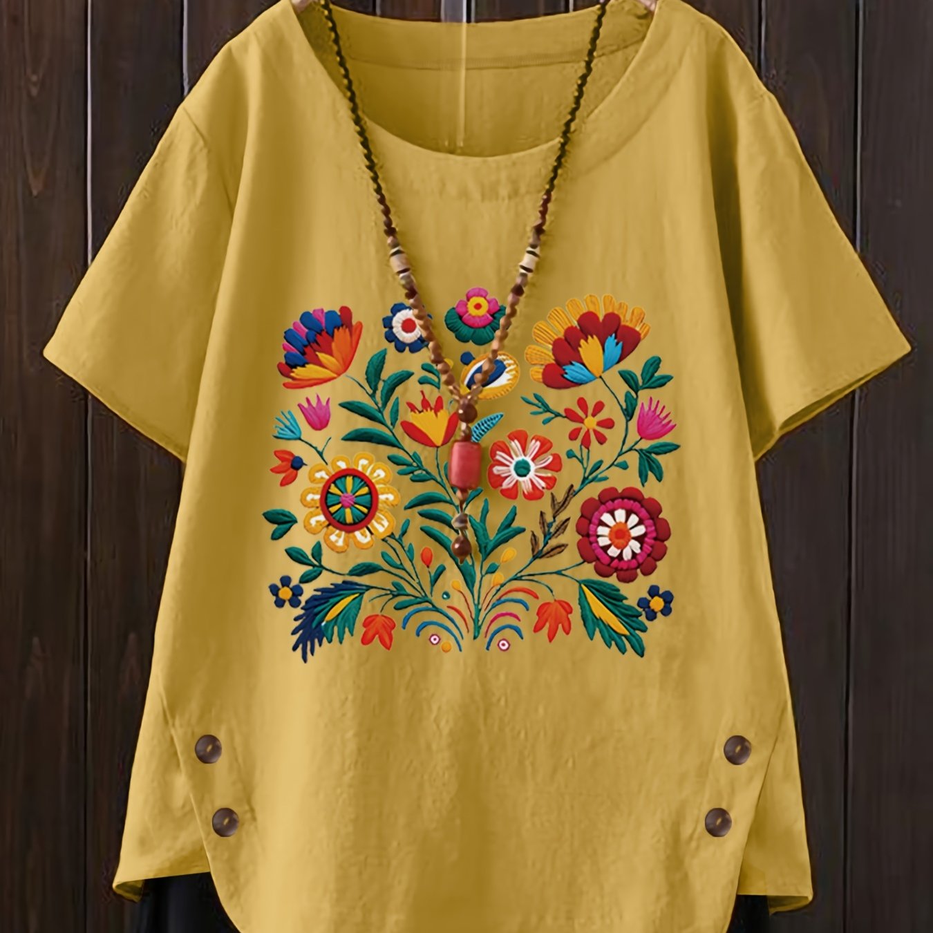 TEMU Quanquan Women's Elegant Top, Mexican Style, Floral And Foliage Print, Mexican Embroidery Flowers, Daily Casual, Short Sleeve, Round Neck,