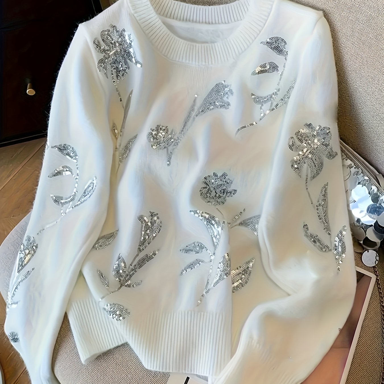 Plus Size, Classic Elegant Style Heavy-duty Sequined Floral Sweater For Women, Autumn/winter Collection