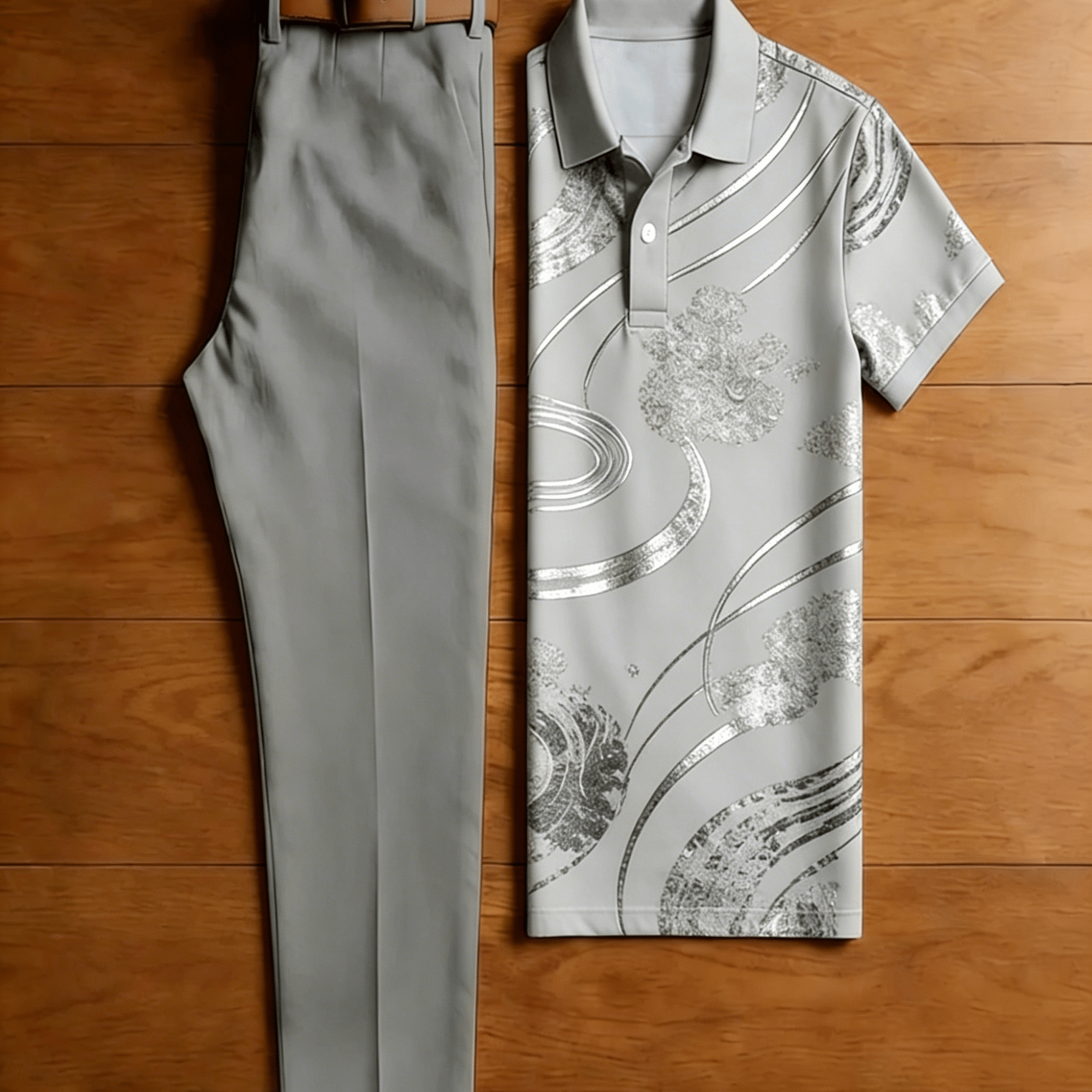 Men's 2pcs Outfit Set, Abstract Wave Floral Print Short Sleeve Lapel Shirt + Grey Straight Leg Dress Pants, Casual Wear 2pcs Suit, Summer Breathable Gentleman Matching Outfits For Va