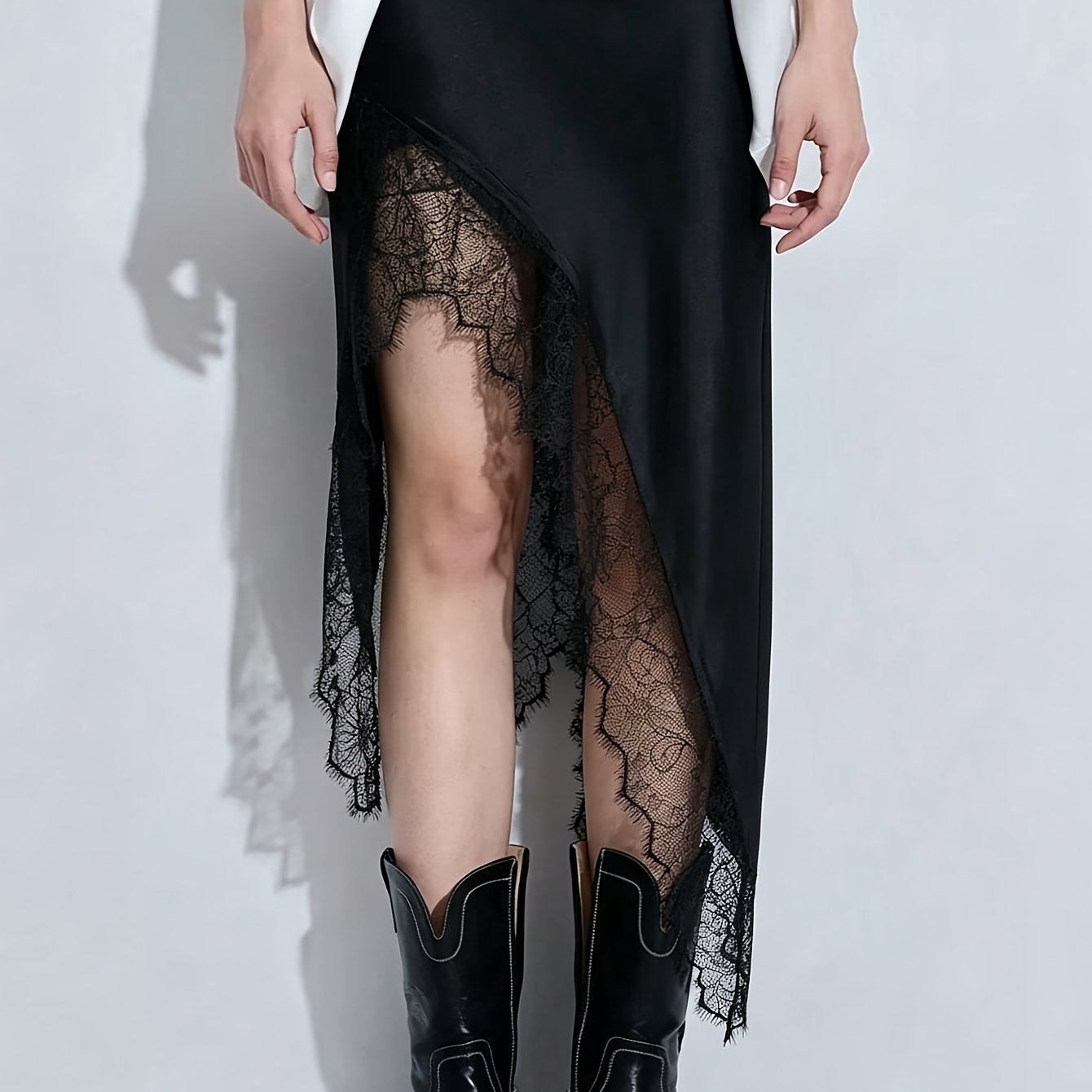 TEMU [plmm] Spring Summer New Women's Dress, Western Sweet Fashion Slim Lace Asymmetrical Skirt/black Asymmetrical Skirt, Sheer Lace Long Dress,