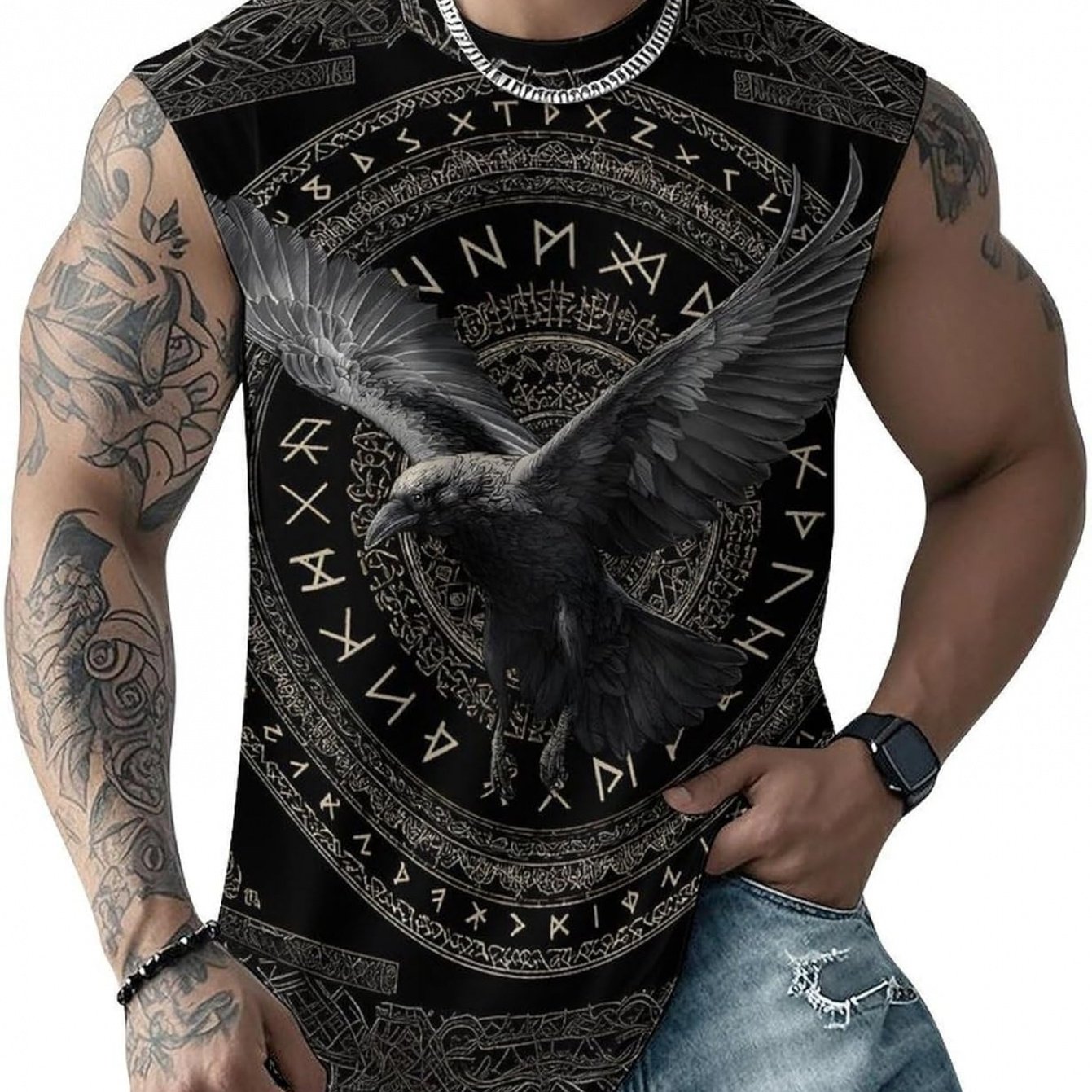 TEMU Men's Plus Size Viking Tattoo Tank Top With Nordic Mythology Cool Pattern Print, Fitness And Sports Vest, Plus Size