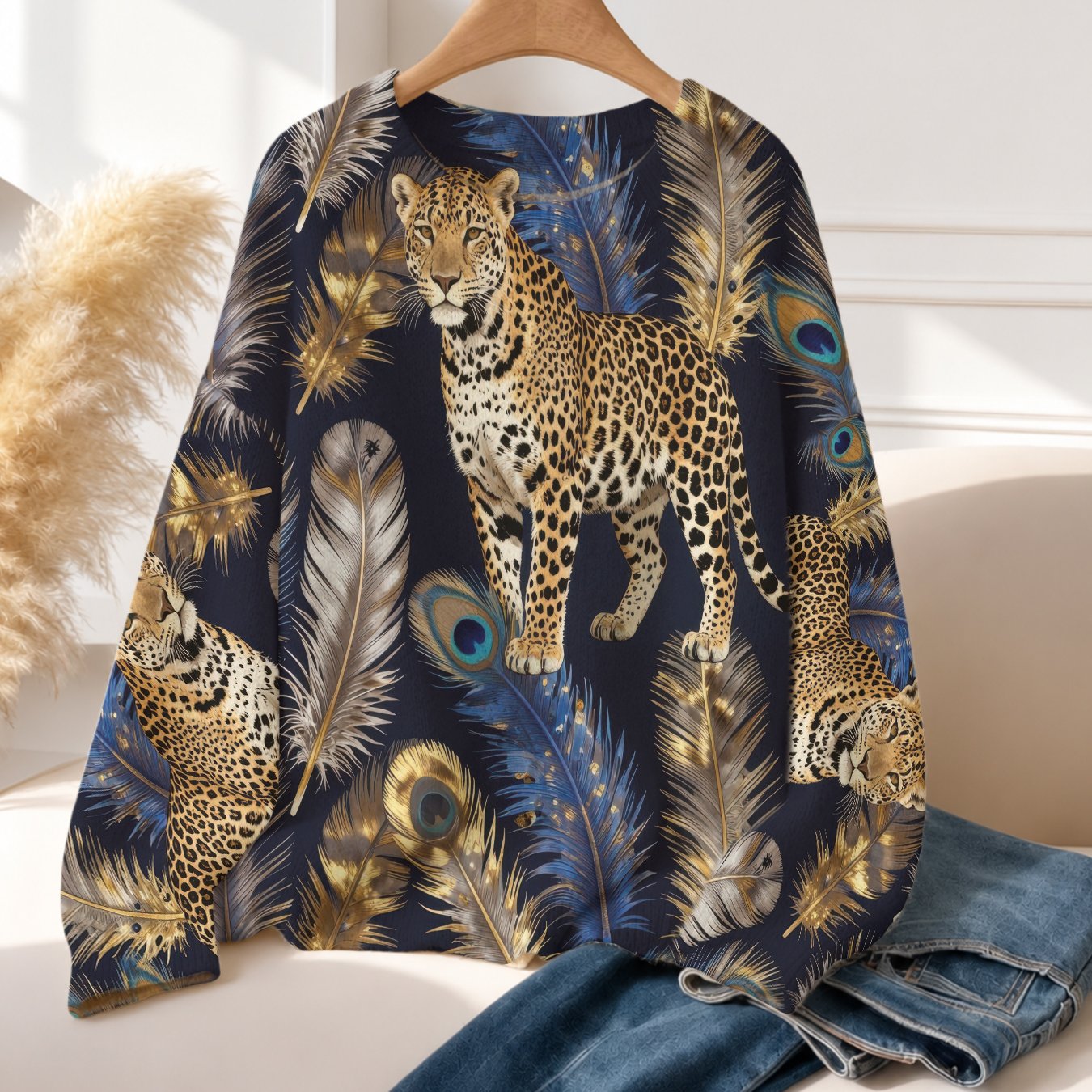 TEMU A New Women's Autumn/winter Simple And Versatile Apricot-colored Round-neck Sweater. Vintage-inspired Light Luxury Leopard Print And Print