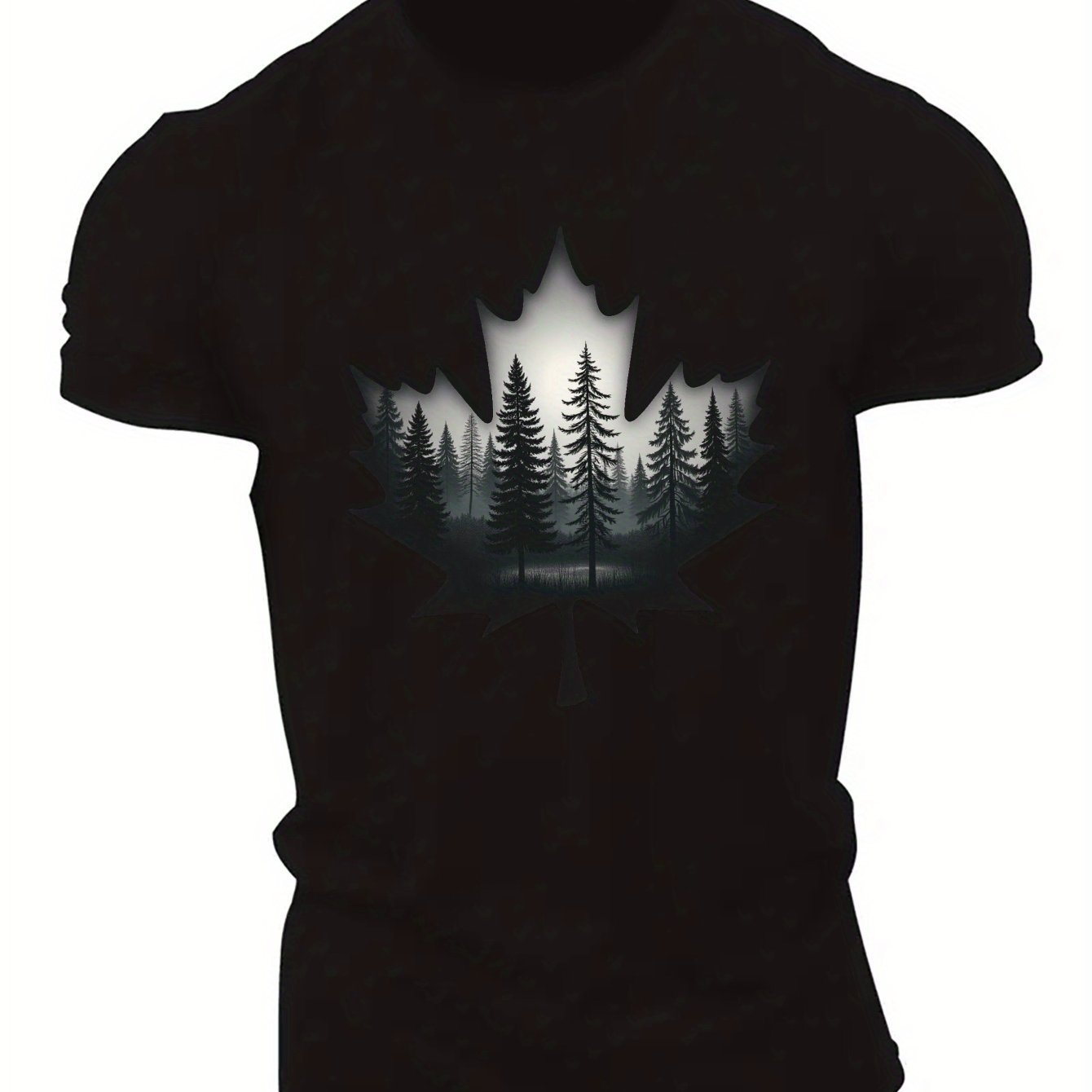TEMU Men's Summer T-shirt Featuring A Forest Design Inside A Maple Leaf