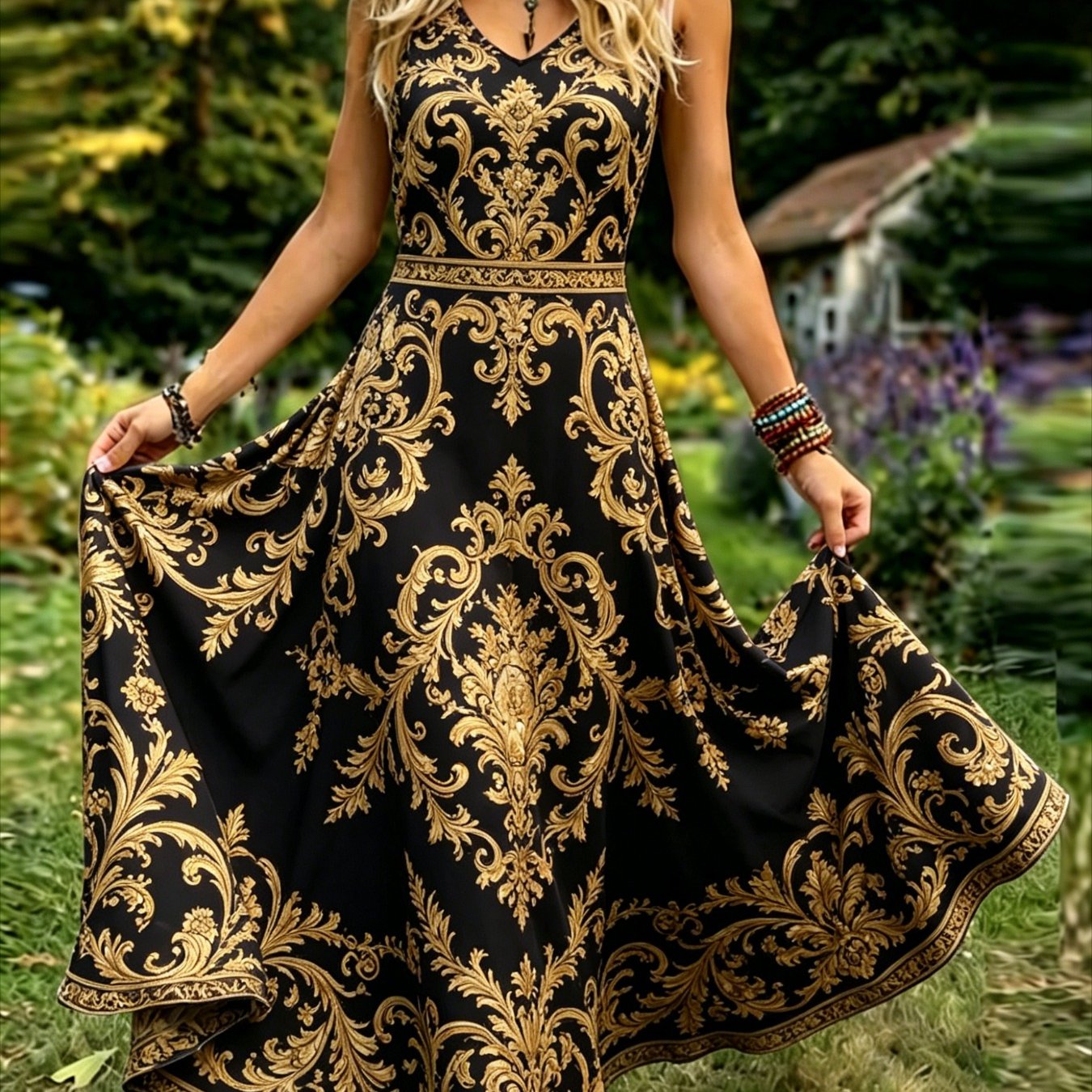 Plus Size, Women's Vintage-style Sleeveless Dress-an Elegant, Casual, Round-neck A-line Maxi Dress. Easy To Care For, Perfect For Daily Wear And Vacation Leisure.