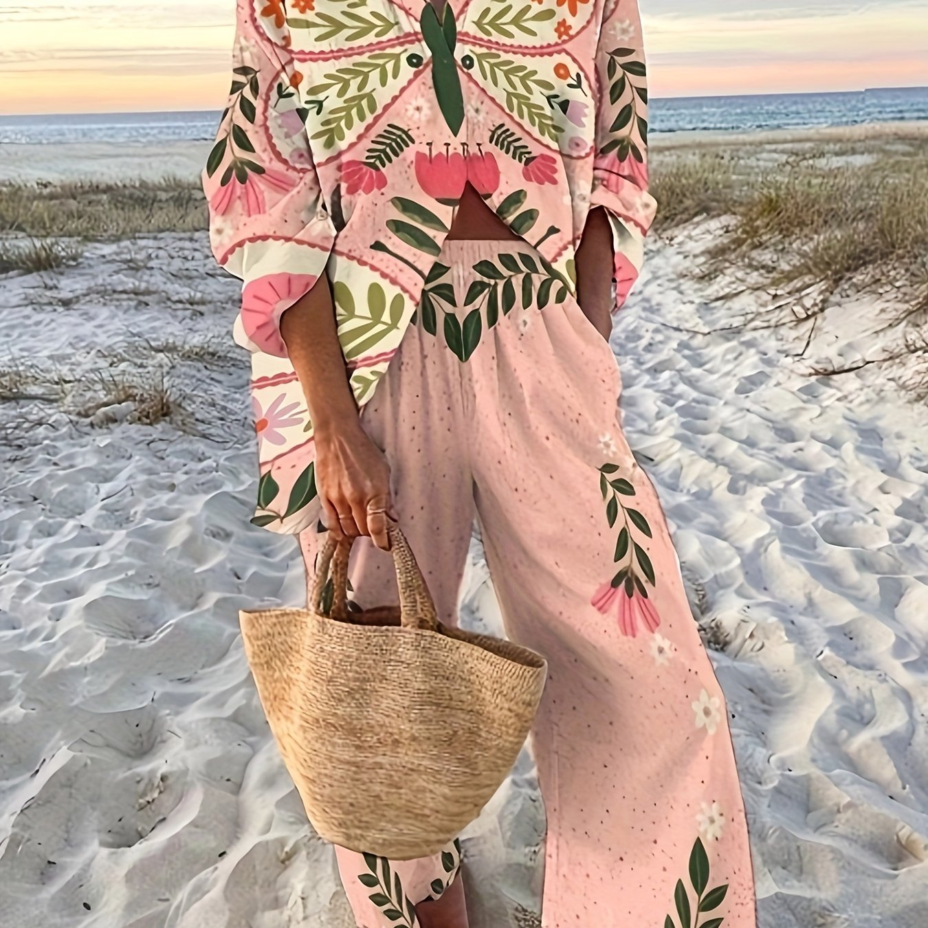 TEMU Women's Elegant European And American Comfortable Beach Vacation Fashionable 3d Printed Long Sleeve Shirt And Long Pants Set