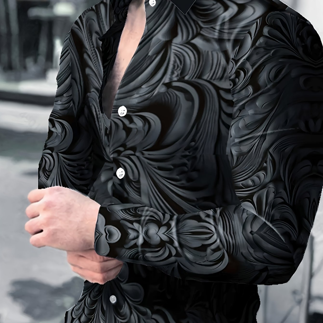Men's Mature Street-style Long-sleeve Shirt With Embossed Print