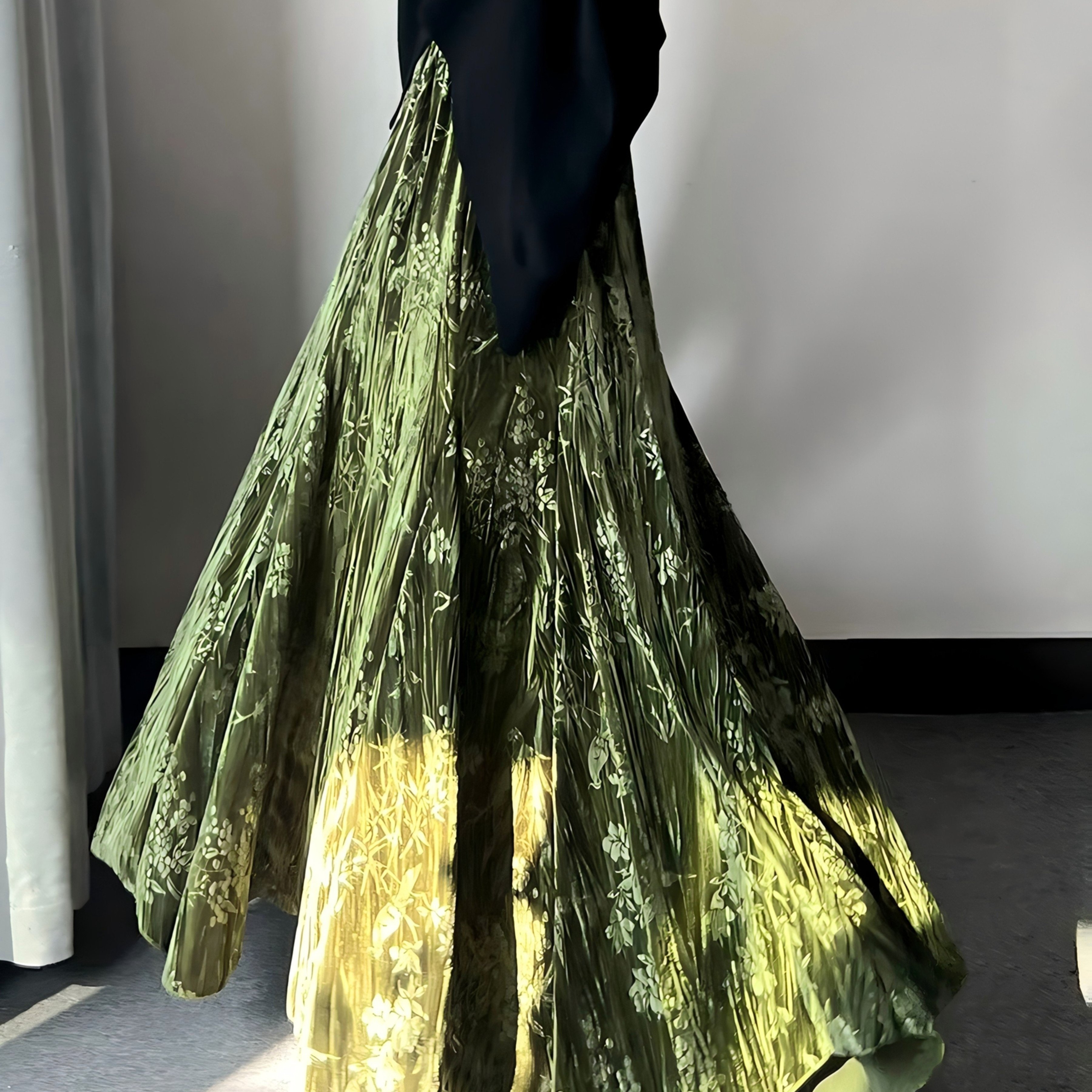 TEMU Retro Green Skirt Print Large Swing Fishtail Skirt Velvet Long Skirt, Date Daily Commuting Wear, Suitable For Autumn And Winter Women's Long