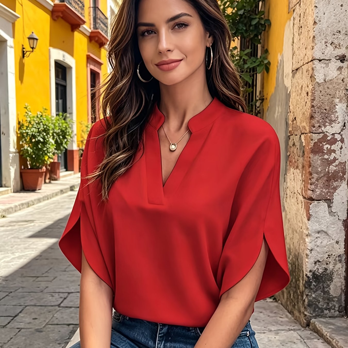TEMU Spring/summer Women' Color V-neck Shirt / Quick-dry / Loose Fit Casual Batwing Sleeve Shirt