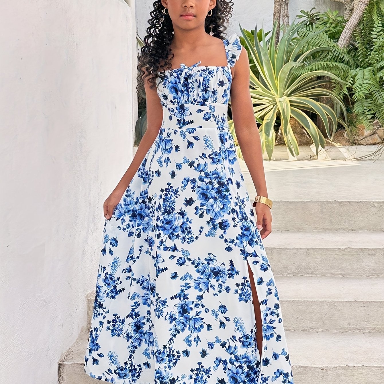 Image of Kids Young Tween Girls' Vacation Casual Ditsy Floral Long Backless Split Dress, Fashion