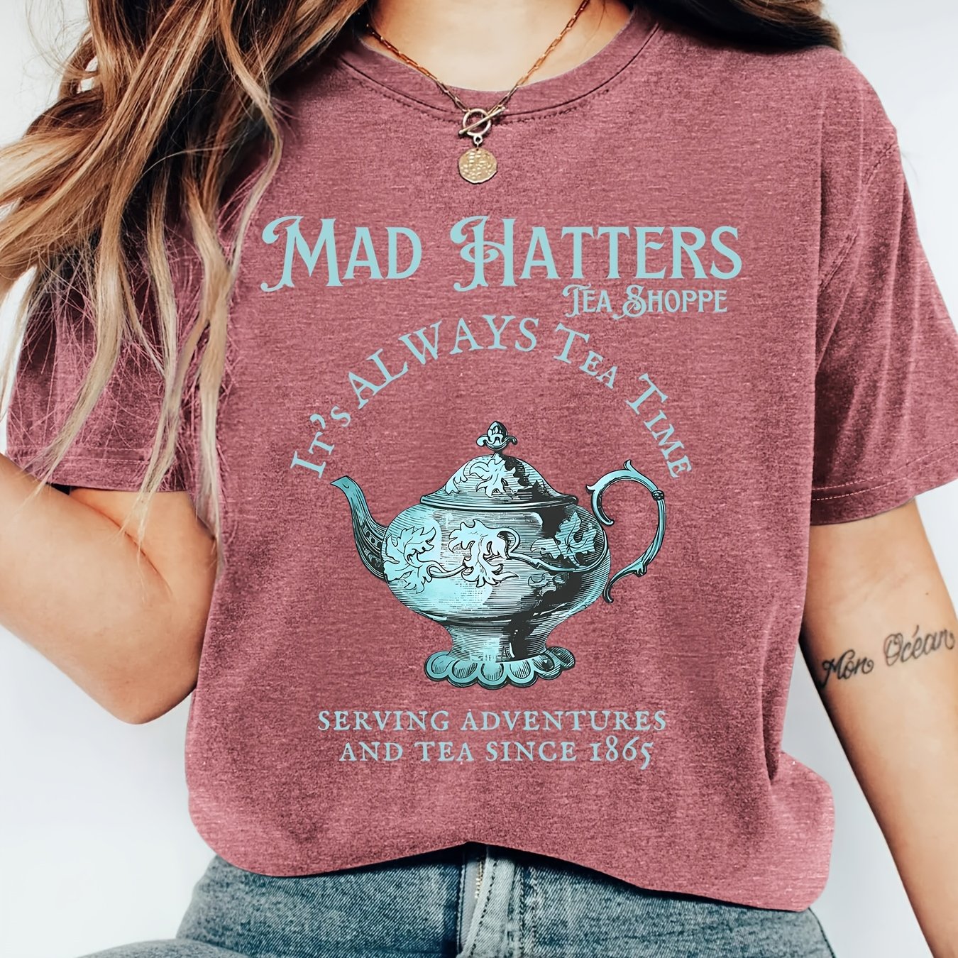 TEMU Women's Mad Tea Shoppe Vintage T-shirt - In Tea Print Round Neck Breathable Blouse-compatible Top | Casual & Themed Outfits Suitable For - Wear,