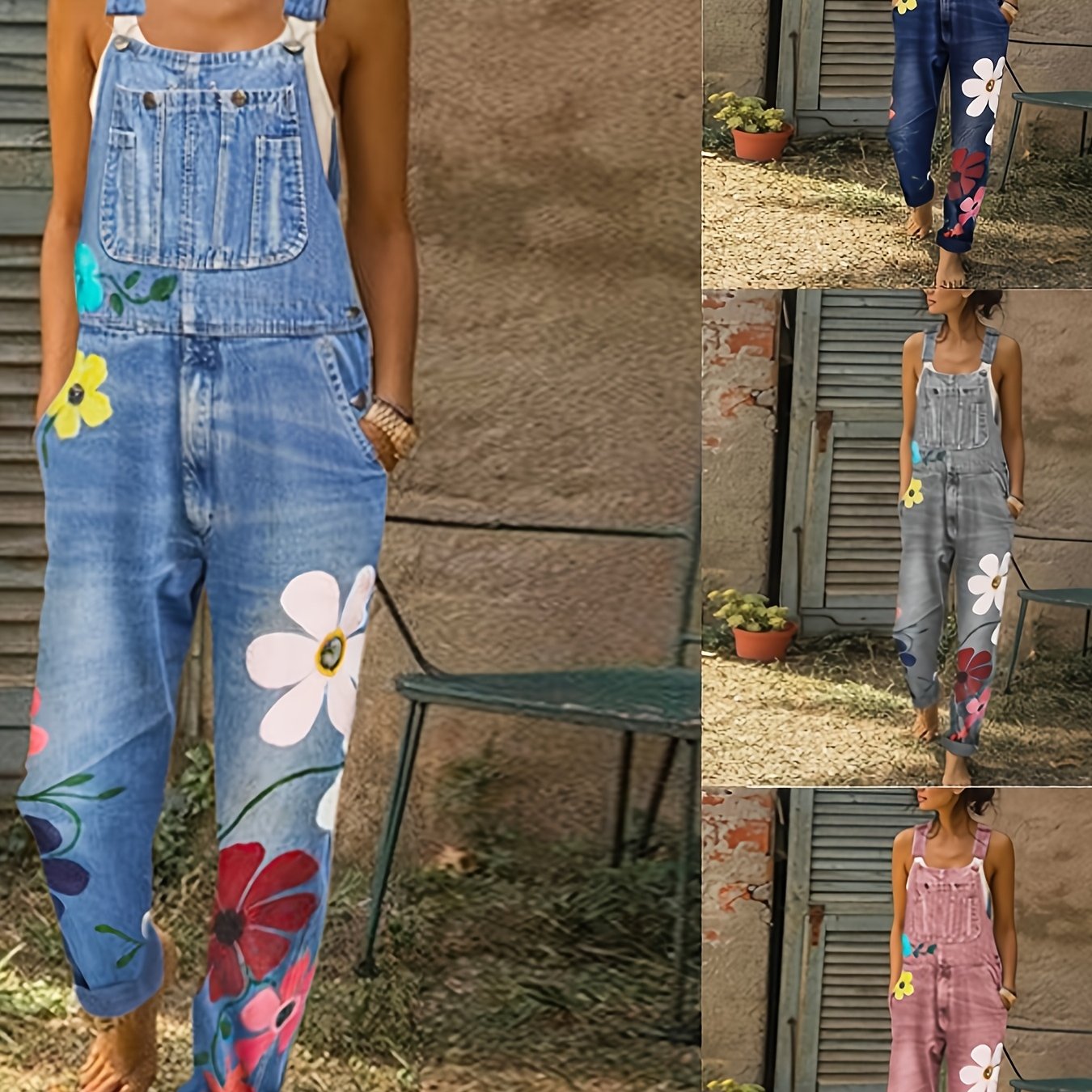 TEMU Arrivals, Women's Overalls, 2026 Printed Washed -polyester Denim Overalls, Non-stretch Straight-leg Long Overalls