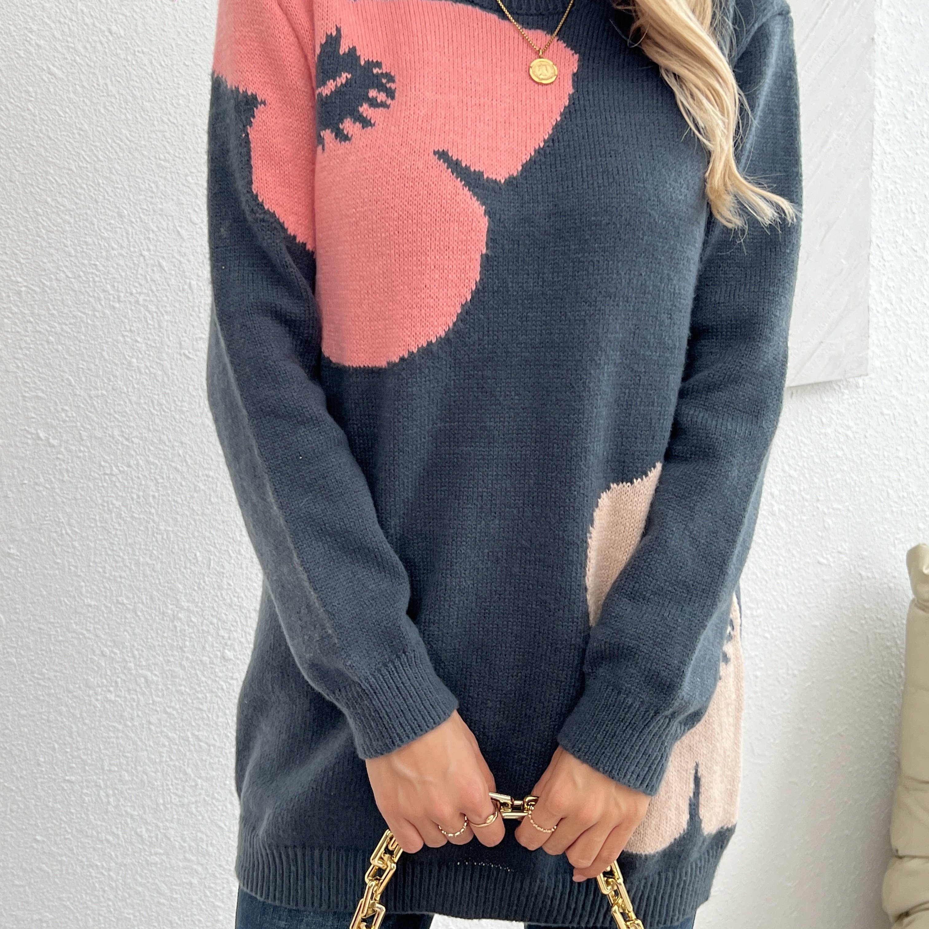 E-shop Eleganter Rundhals-Pullover für Herbst/Winter – Weiches Pflanzenmuster (Blume) mit Farbblockierung, gemütliche Strickware für Blusen & lässige