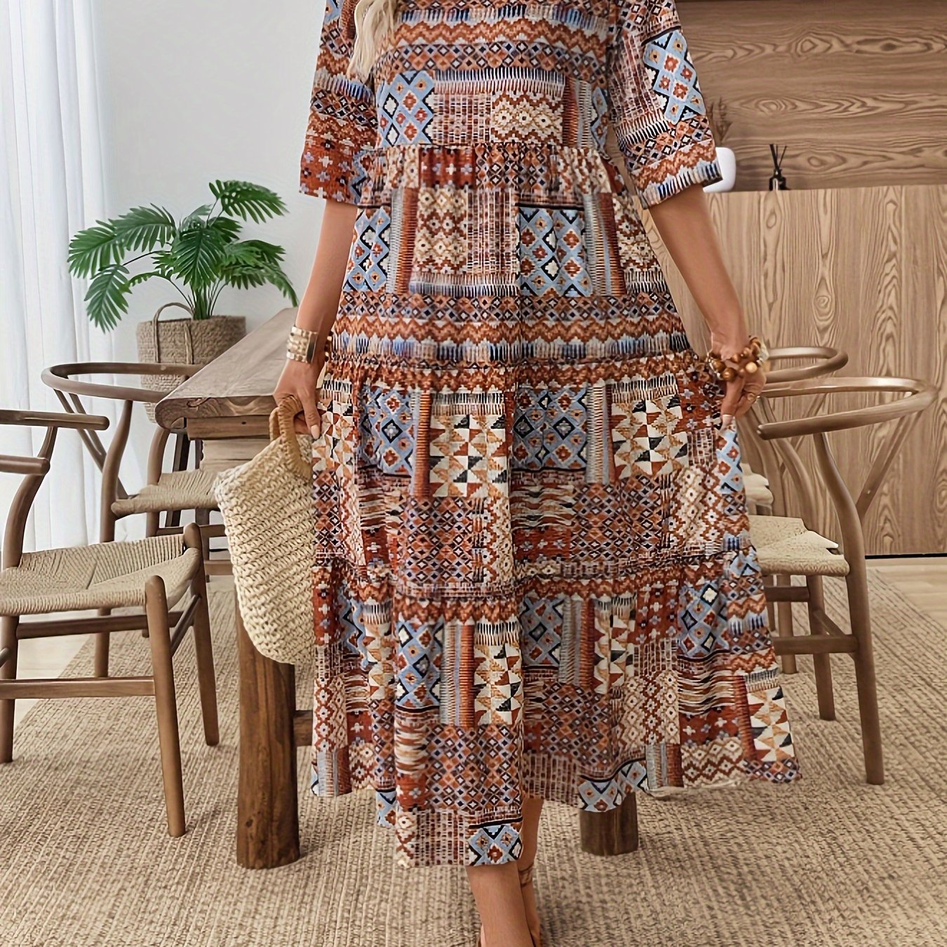 E-shop Langkleid im Boho-Stil für Damen, geometrischer Druck – Langärmeliger A-Linien-Rock – Eleganter Bohemian-Stil, erhältlich in erdigem