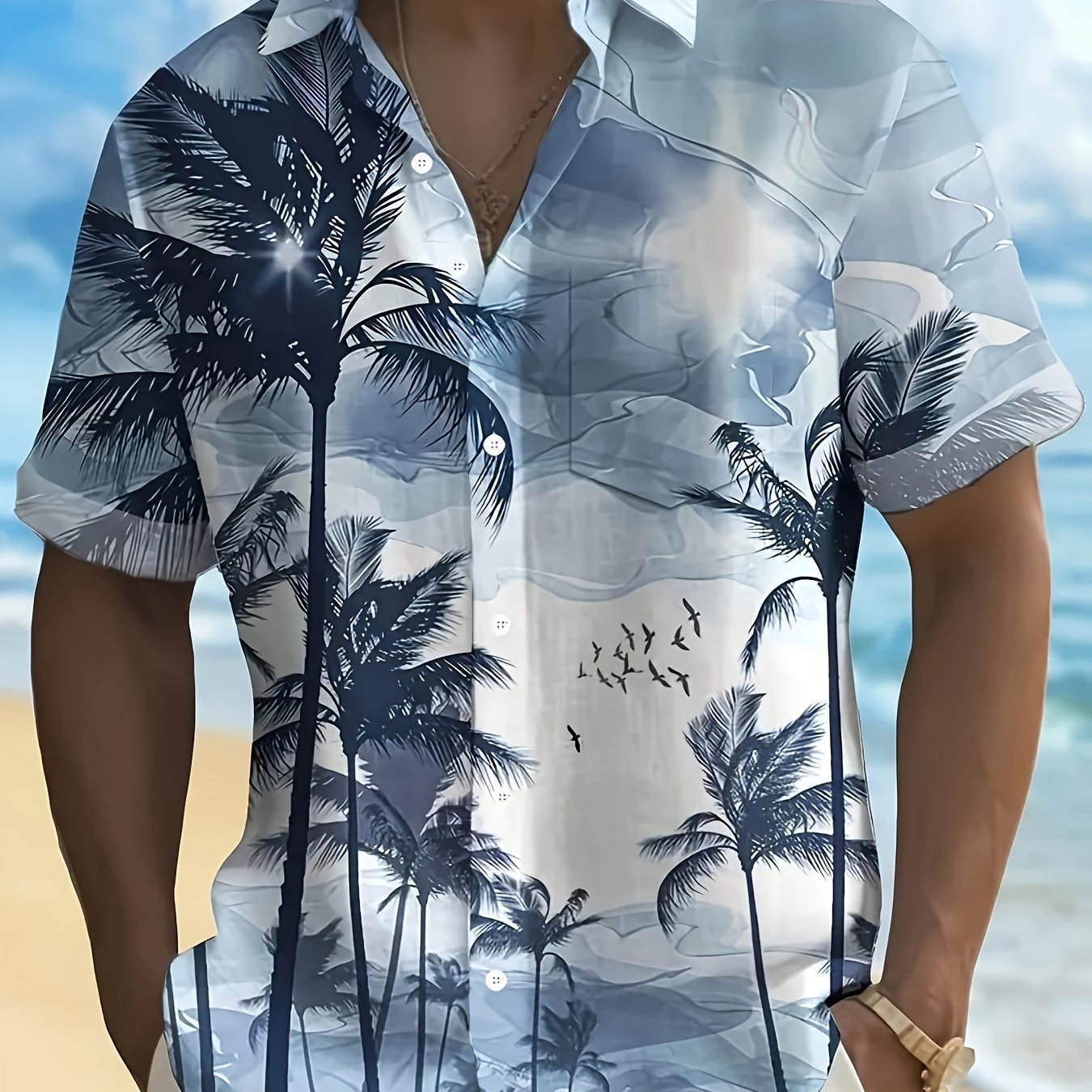 E-shop Herren Kurzarmhemd mit Kokospalmen-Print, lässiges Sommerhemd für den Urlaubsresorts