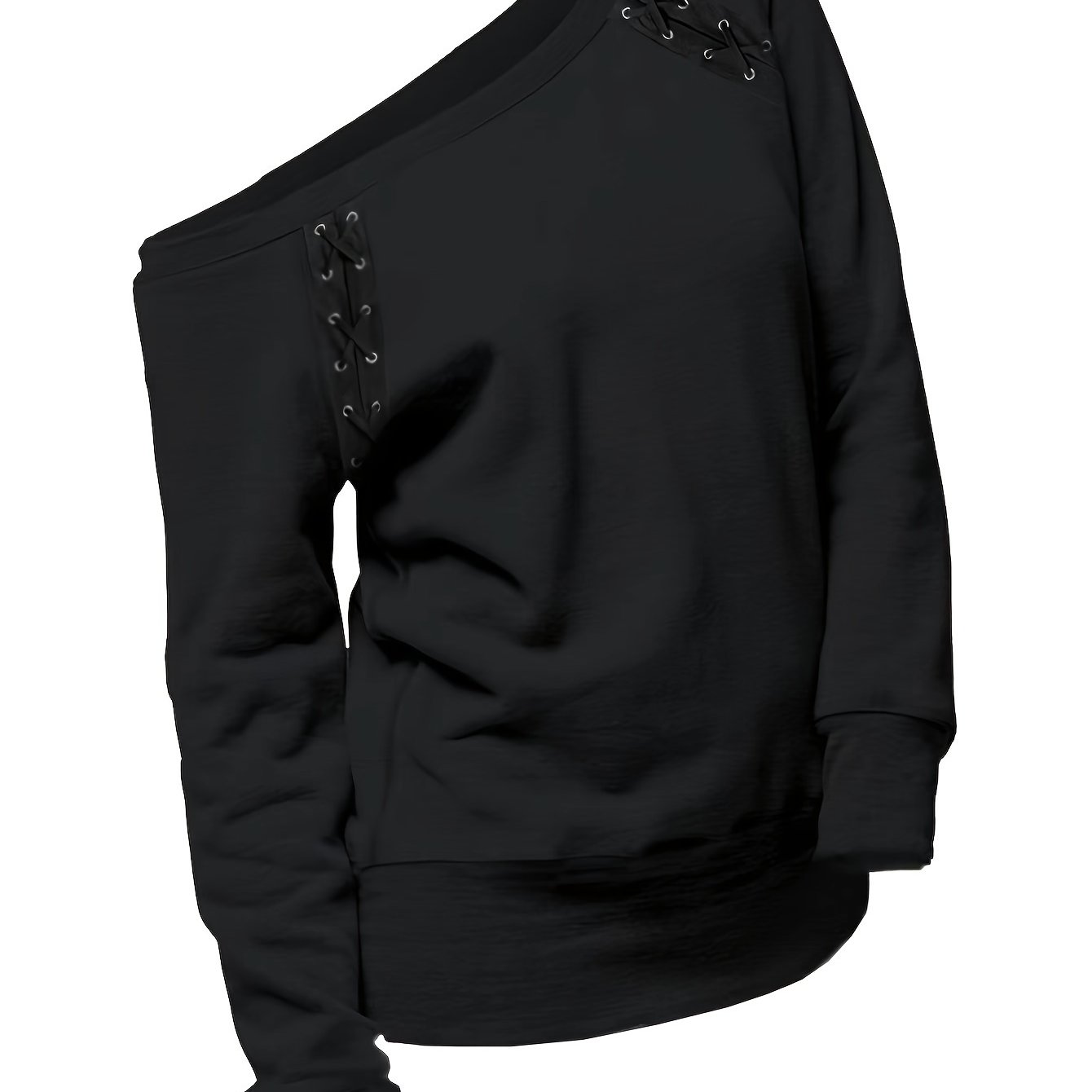-designed Slant Shoulder Collar Eyelet Webbing Long Sleeve Sweatshirt