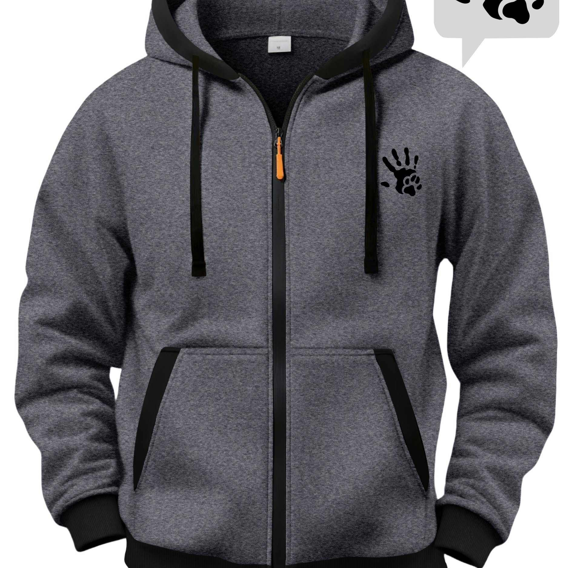 TEMU Men's Contrast Hooded Zip-up Sweatshirt, Cozy Handprint Pattern Jacket Casual Outerwear, Long Sleeve Warm Top With Pockets