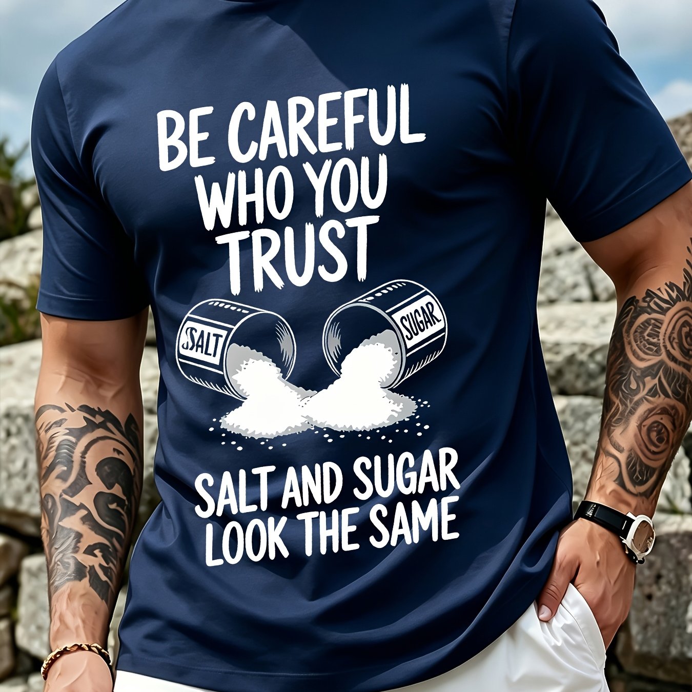 TEMU T-shirt graphique pour homme « Faites attention à qui vous faites confiance » style streetwear décontracté, doux et respirant, motif imprimé ,