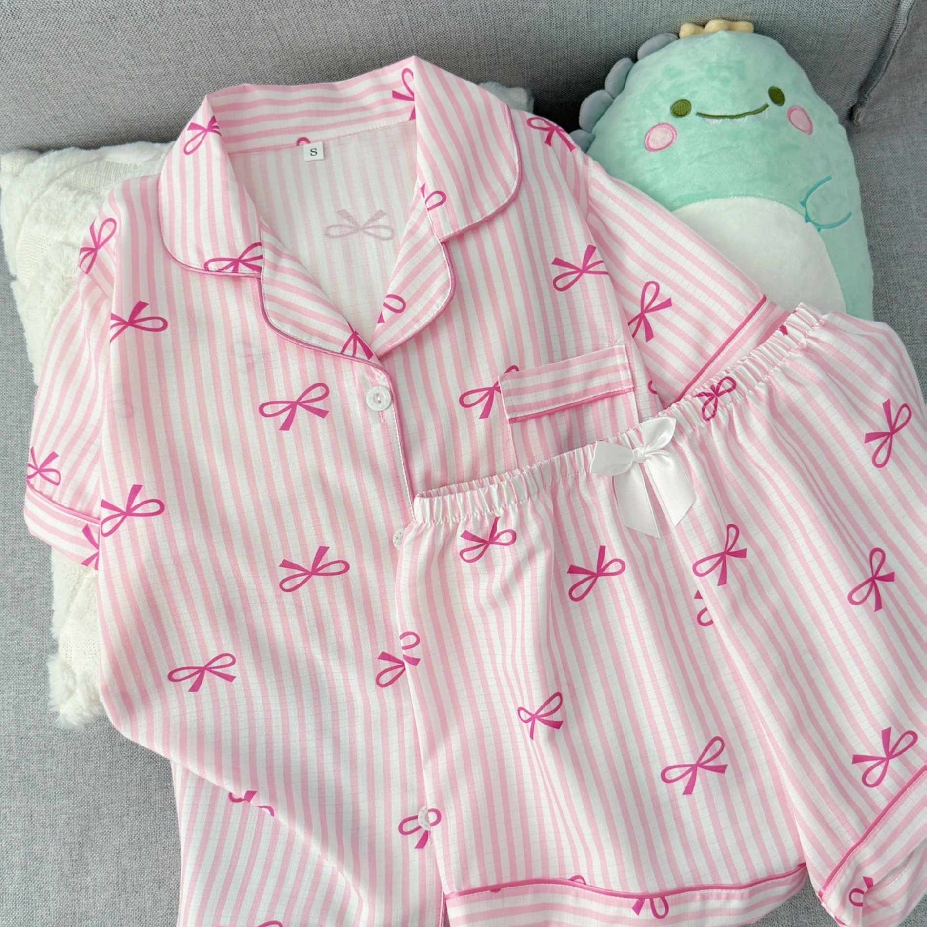 TEMU Women's 2pcs Summer Pajama Set, Striped Bow Short-sleeve Cardigan And Elastic-waist Bow Shorts, Comfortable Sleepwear And Casual Loungewear For