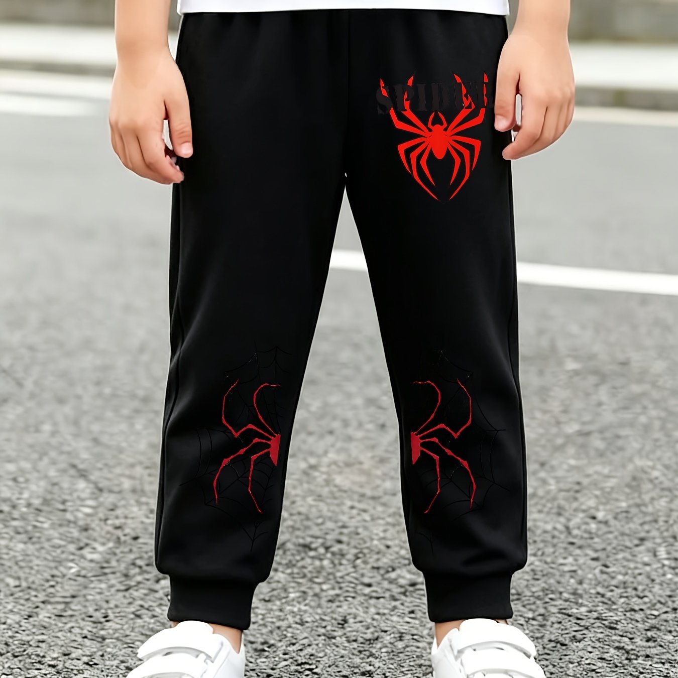 TEMU 1pc Boys' Casual Sports Pants, Spider Print With Black "spider" Lettering And Spiderweb Pattern, Spring/autumn Children's Jogger Pants,