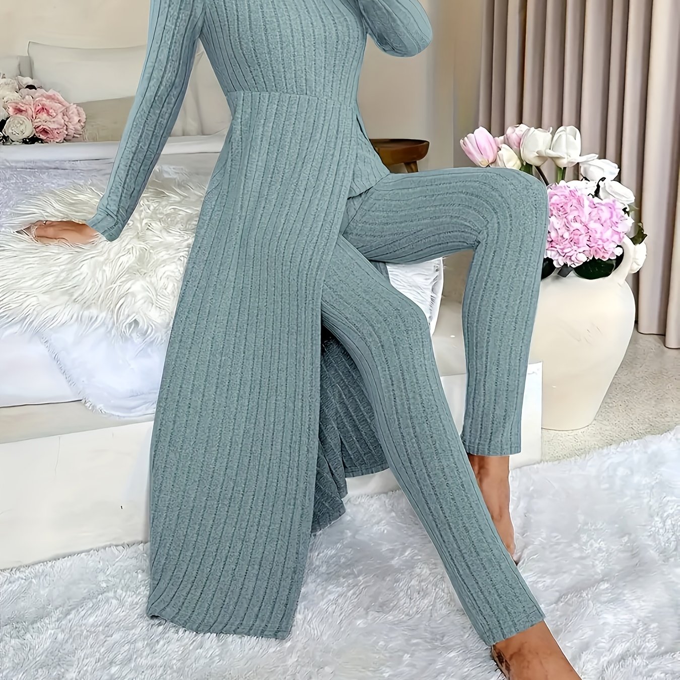 TEMU Conjunto de Bata y Pantalones Largos Casual de Otoño-Invierno, Vestido con Abertura , Material de Aguja para el Cabello, Ideal para Uso Diario y