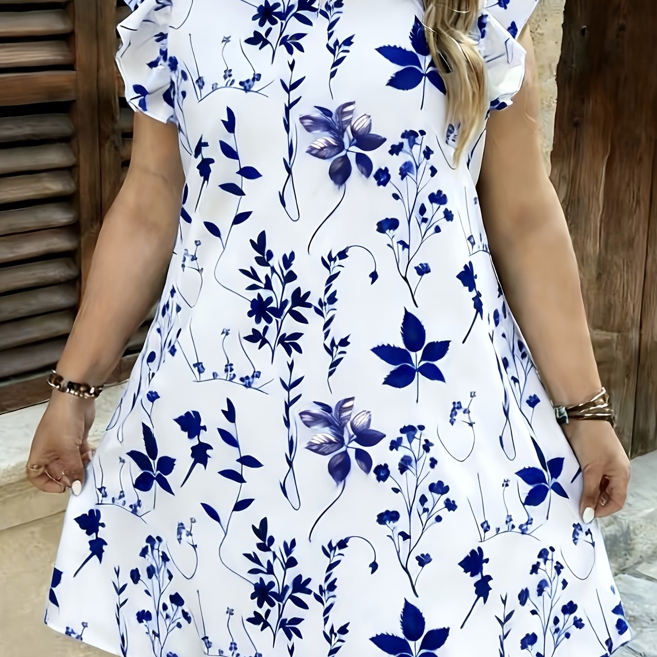 TEMU Plus Size - Plus Size - Elegant, Fashionable, Easy, Casual, Floral Print, Trim, Round Neck Sleeveless, , Beach Skirt, Sunset Dress, Lightweight