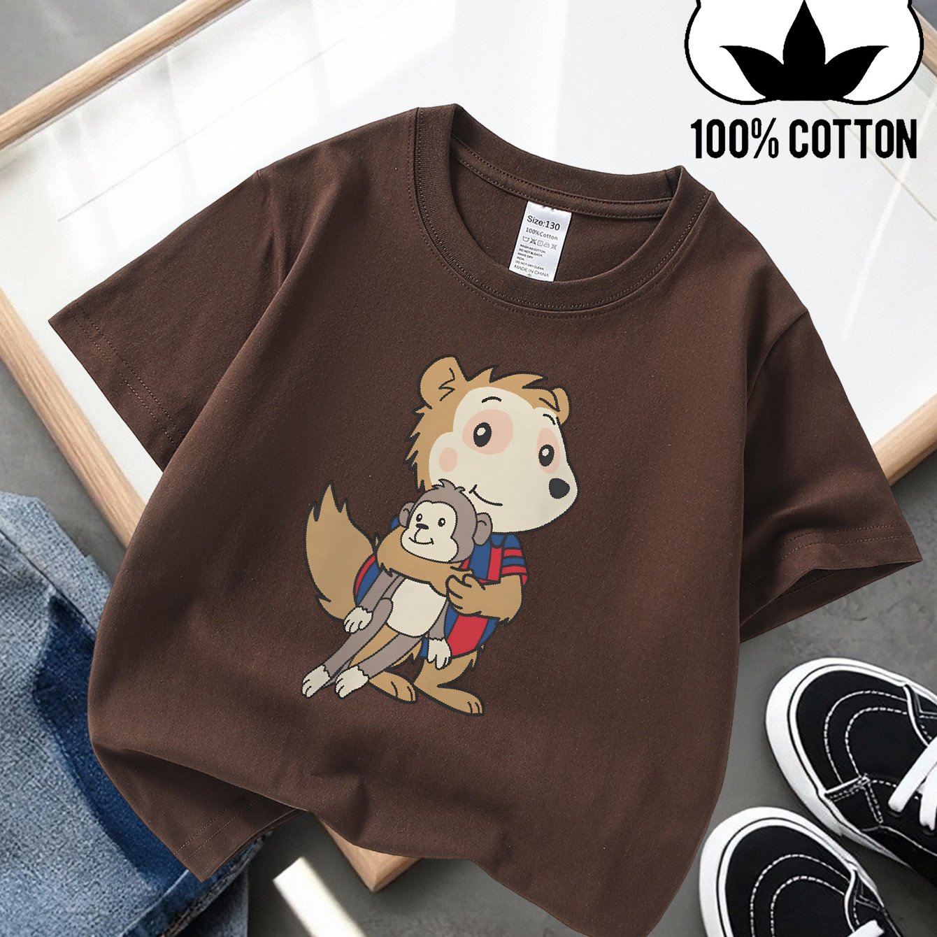 Image of 1pc New Style, Boy' Summer And Spring Short-sleeved T-shirt, Cute Animal Hugging Print, Trendy And Fashionable Print, Boys' Casual Travel T-shirt