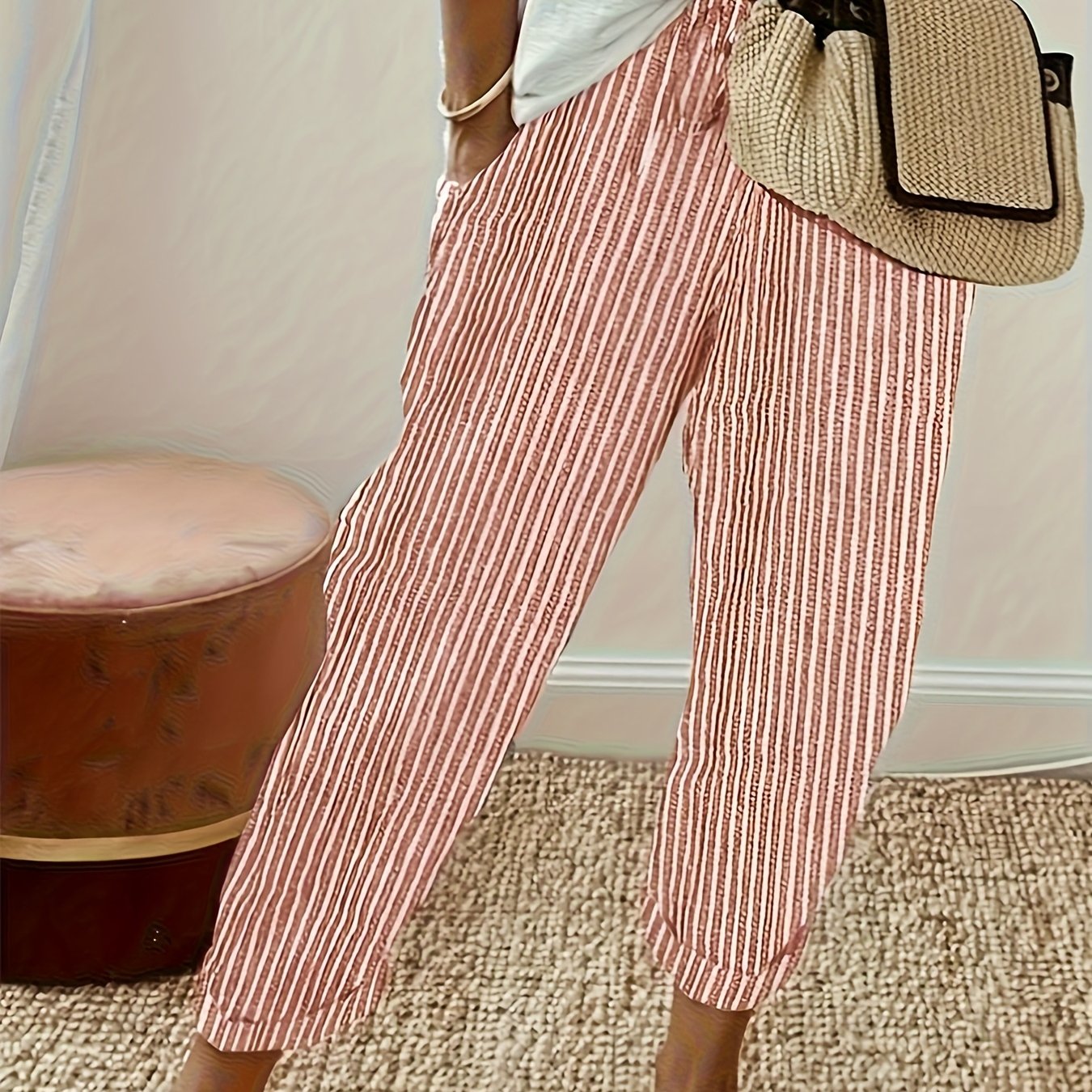 TEMU Women's Striped Wide Leg Casual Wide Leg Pants - High Waisted, Lightweight Polyester, Machine Washable For And Casualness, Side Stripe Detailing