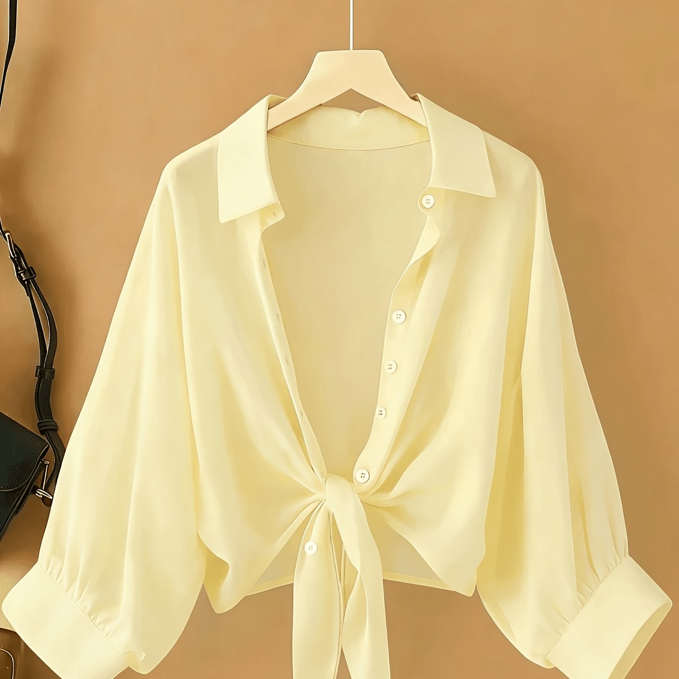 TEMU Women's Lightweight Sheer Chiffon Shirt, Solid Color Tie-front Lapel Top, Drop Shoulder Batwing Long Sleeve Loose Fit Overblouse