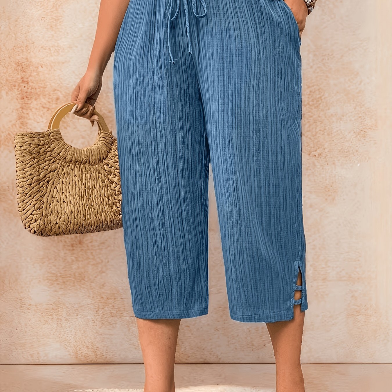TEMU Plus Size, Women's Plus Size Casual Capri Pants, Solid Color And Elegant, Suitable For Daily Wear, Parties, And Commuting