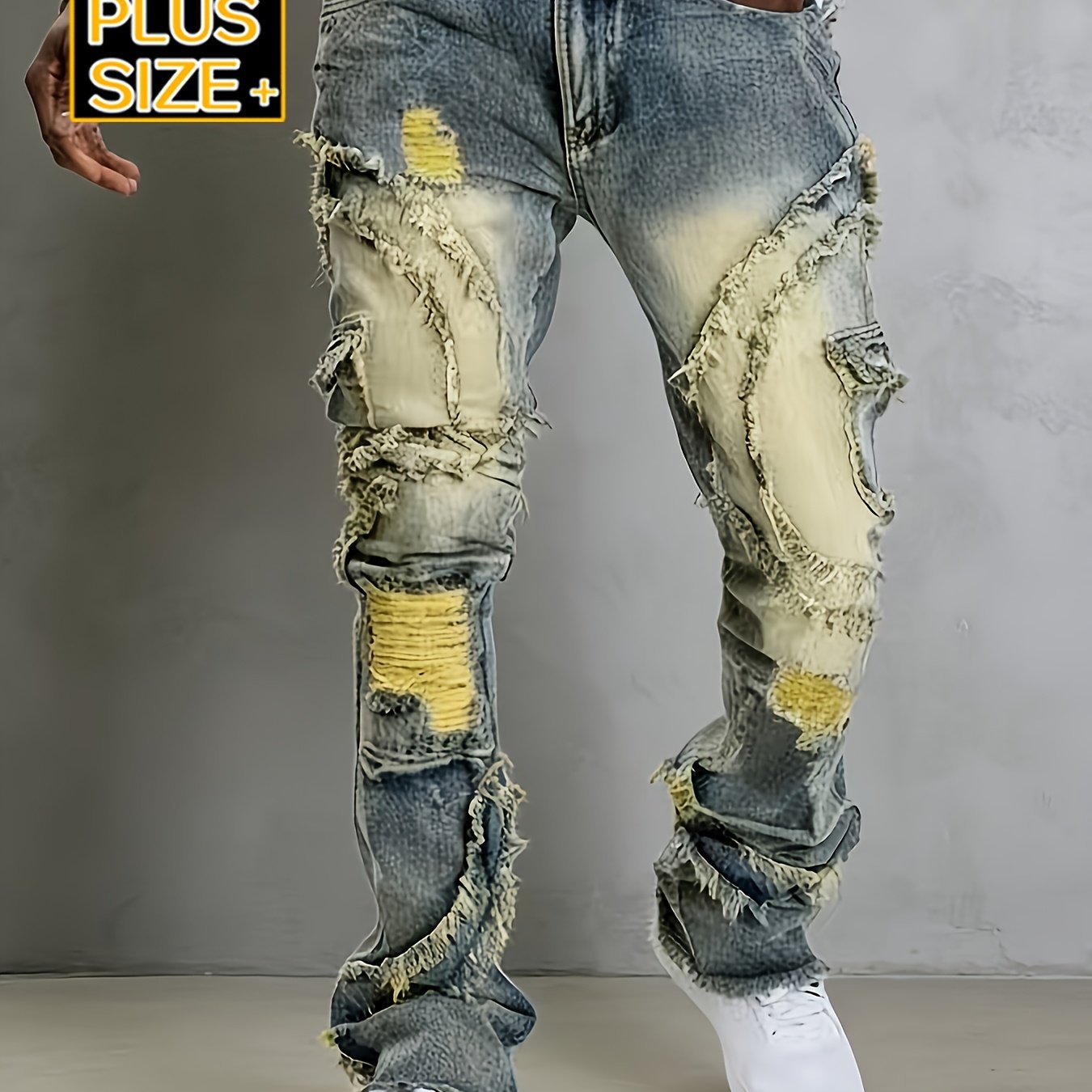 Image of Hme Plus Size Men's Heavyweight Jeans | Vintage Light Blue Washed, High Waisted Deep Crotch With Elasticity, Slim Fit Straight Leg, Built-in Ykk Zipper Closure, Ripped And Patch Details, Suitable For
