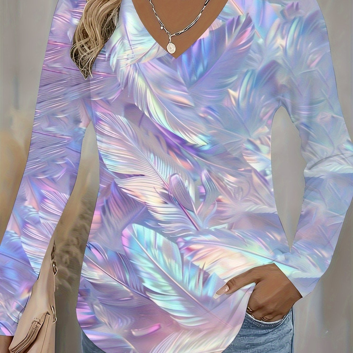 TEMU Women' Multicolor Full-body Print V-neck Long Sleeve T-shirt - Pink/purple/blue/green/white Layered Top, Casual & Party Wear, Machine Washable