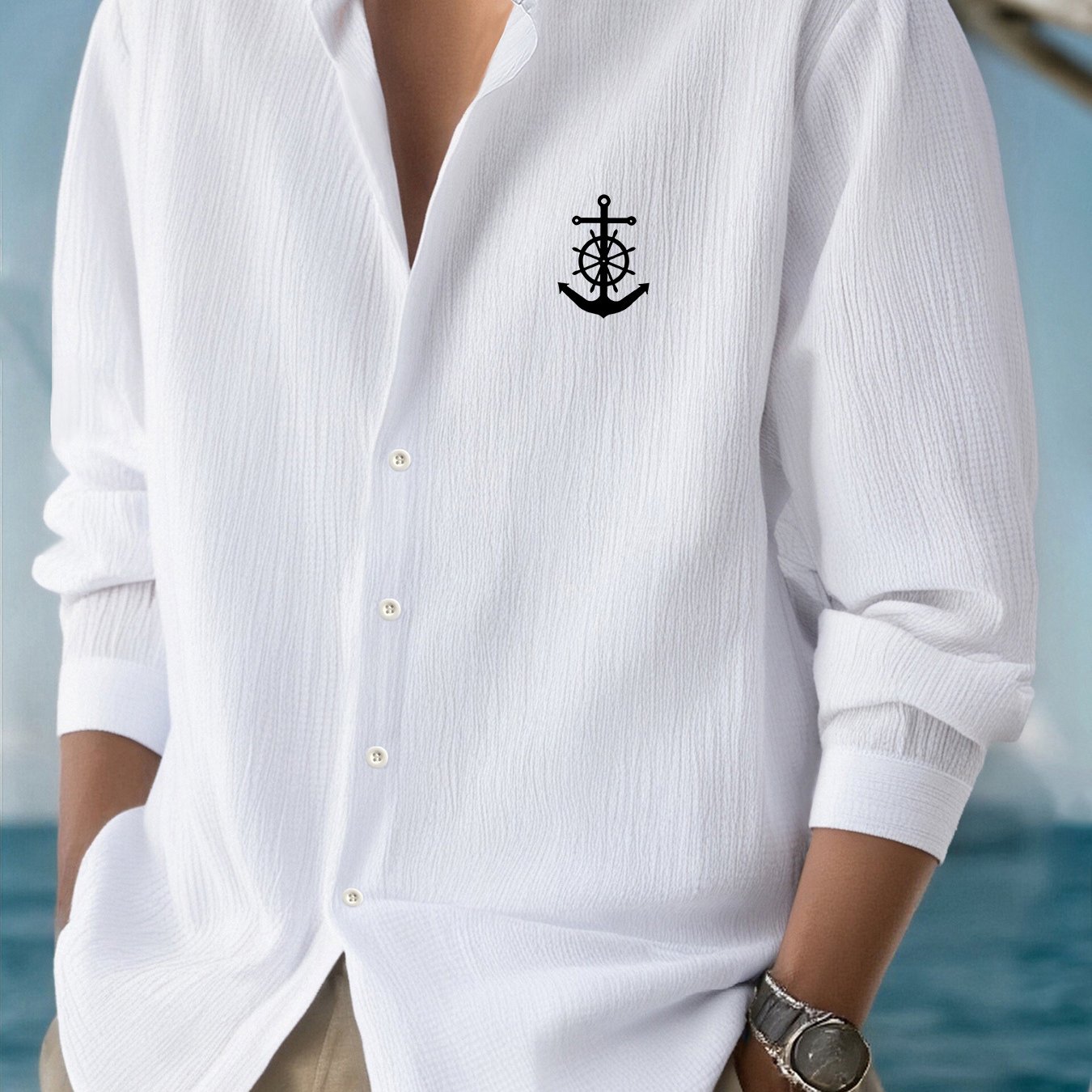 TEMU Camisa Casual de Larga para Hombre - Otoño Material de Secado Rápido Transpirable Tejido de Calidad, Estampado - Cuello Mao Diseño Camisa