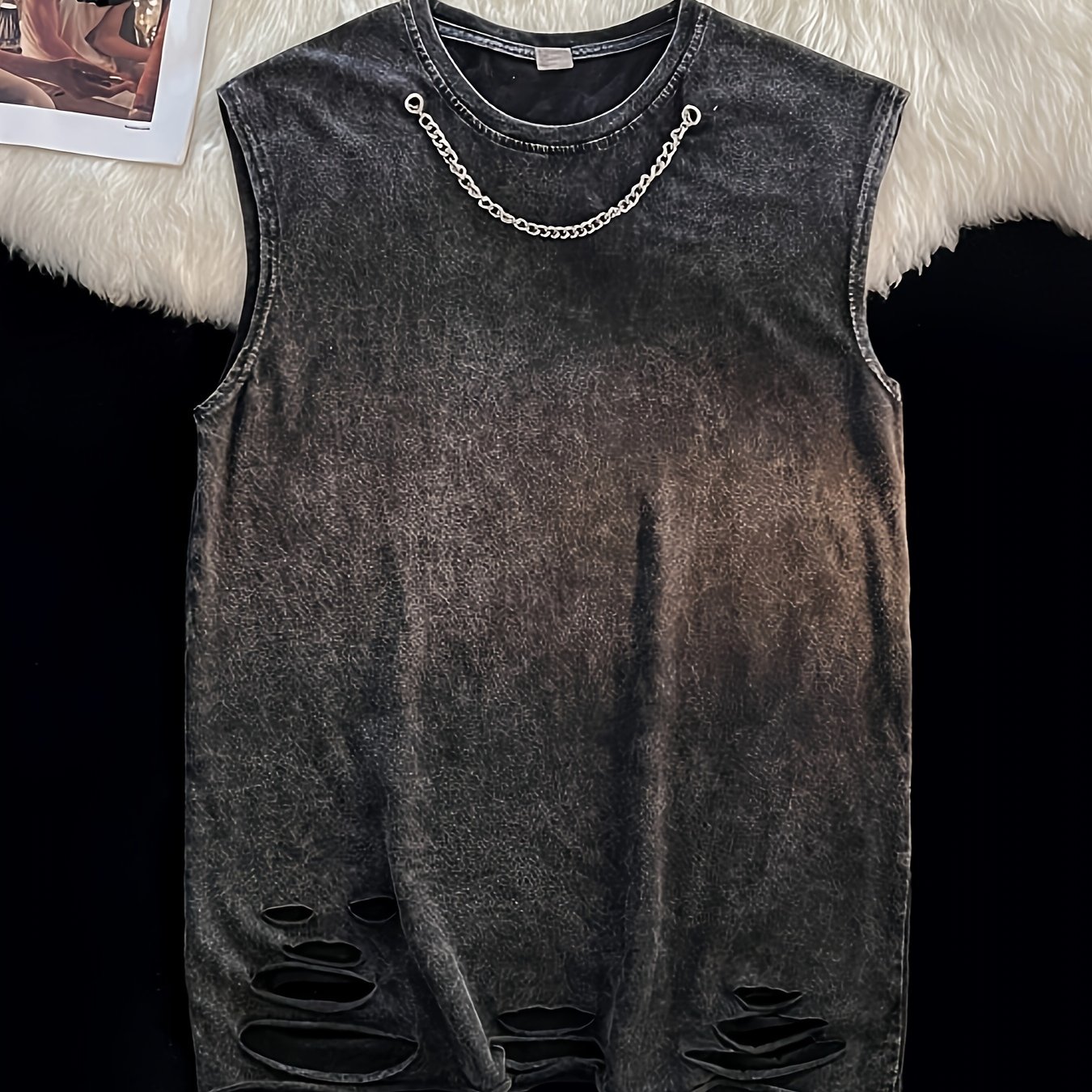 Image of Hip Hop Punk Style Washed Black To Make Old Ripped Vest Sleeveless T-shirt Casual Short Sleeves