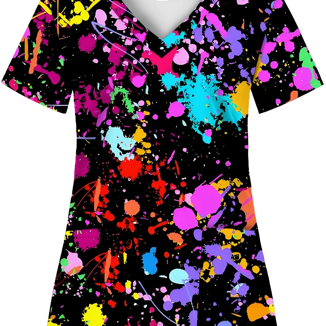 TEMU Plus Size - Plus Size - Printed Colorful Splatter Pattern, Women's Uniform Top With 2 Pockets, Doctor Workwear, Nurse Professional Attire,