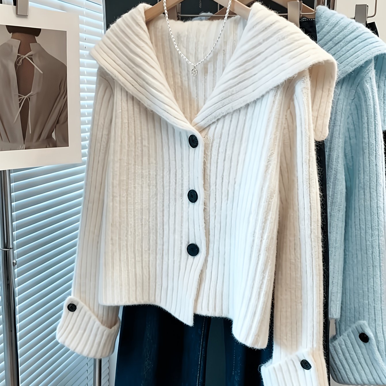 TEMU [loose Fit, Oversized Size] 2026 New Nautical Style Fashionable Elegant Women's Casual Textured Ribbed Jacket, Single Row Black Buttons, Large