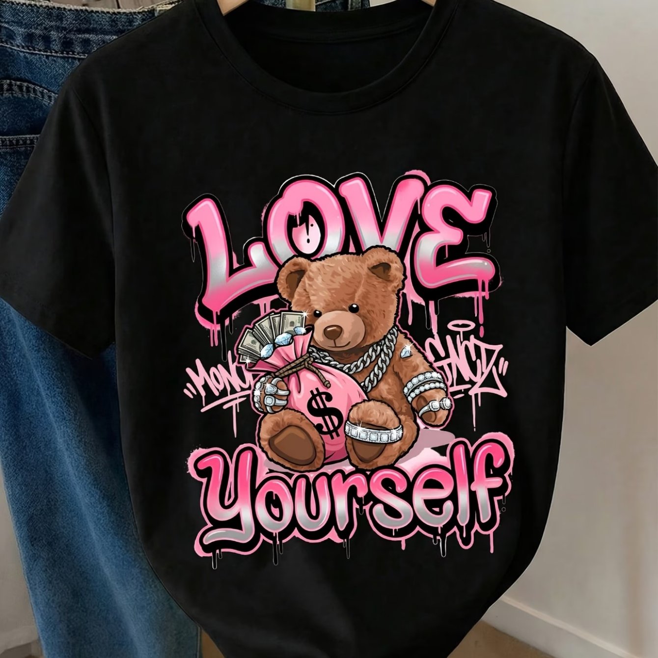 TEMU Women's Pink Love Letter & Money Bear Graphic T-shirt - Short Sleeve Round Neck Casual Top, Spring Summer Daily Wear Suitable For Workouts,
