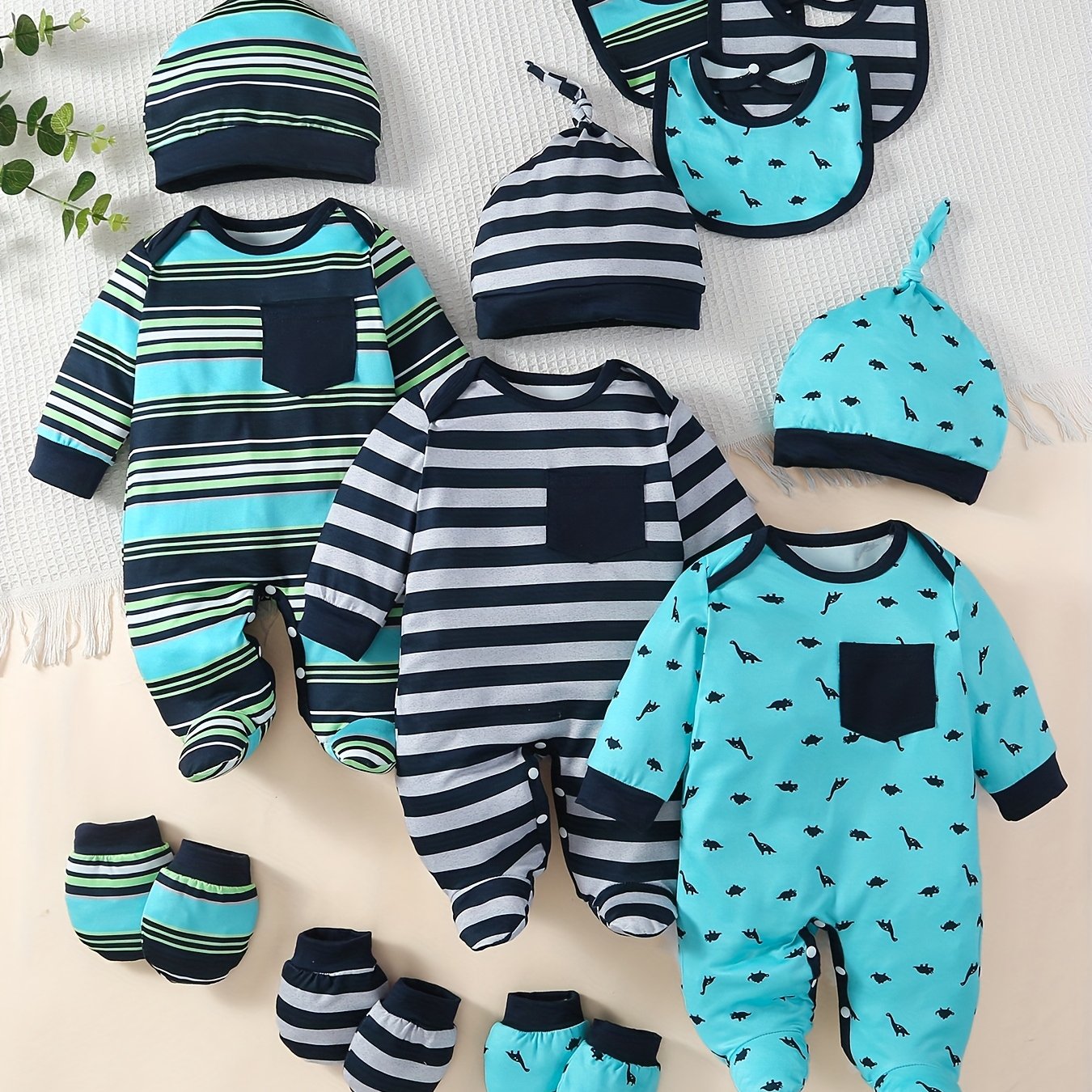 TEMU 15pcs Shixuanbaobei Newborn Long Sleeve Footed Rompers, Full Print Cartoon Dinosaur, Stripes, Pattern, Front Pocket, Contrast , Bottom Open
