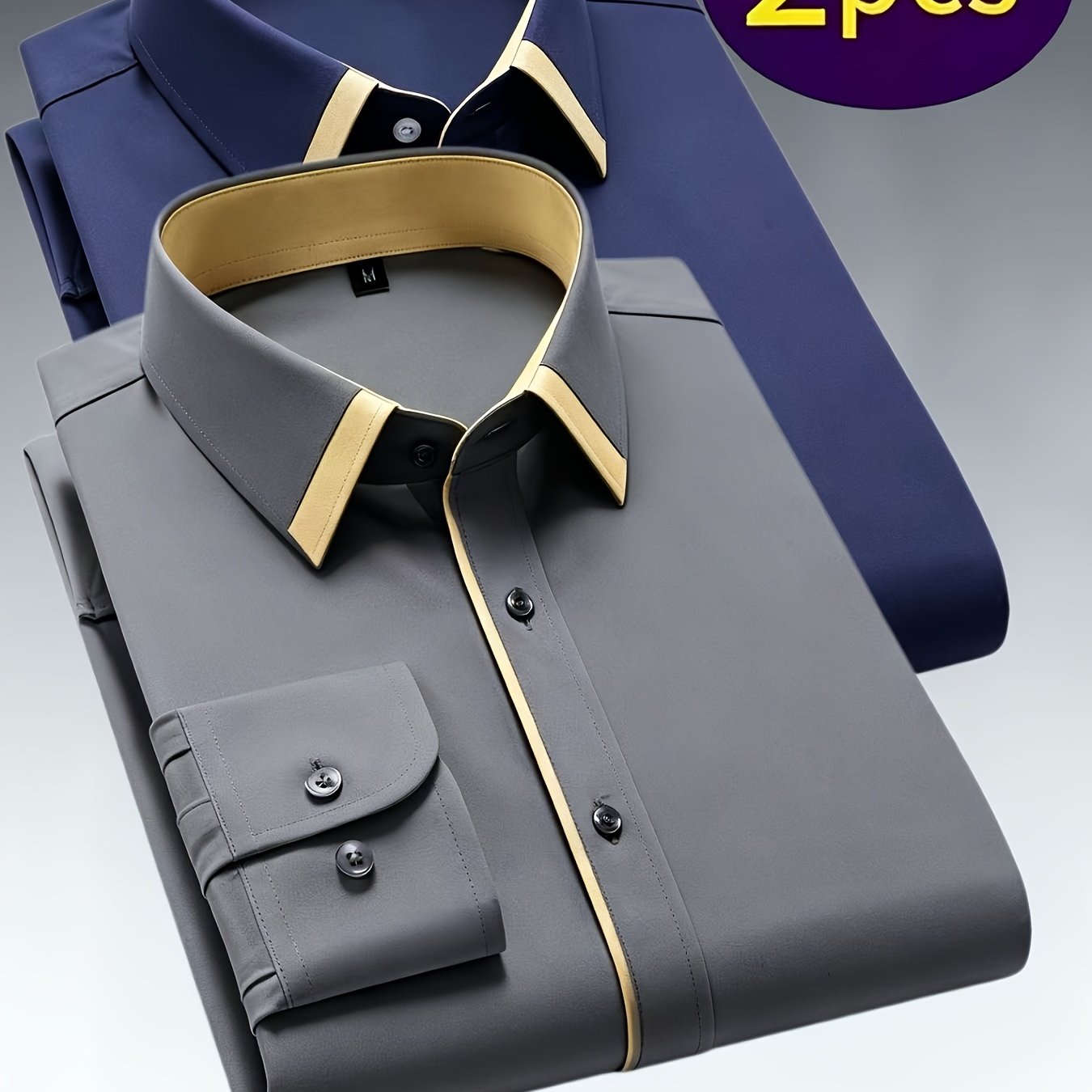 TEMU Men's Business Elegant Solid Color Casual Long Sleeve Shirt, Two-pc, Contrast Color Collar, Comfortable And Wrinkle-free, Essential For Daily