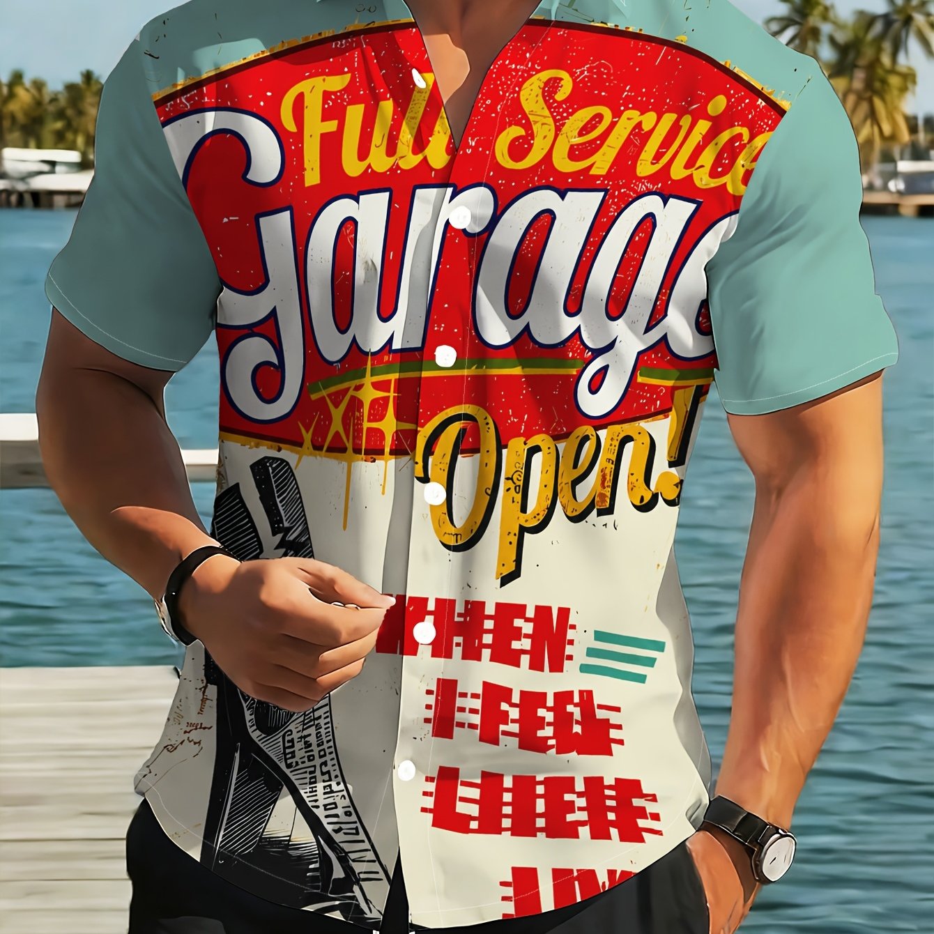 TEMU [printed Design - Not Textured] Men's Casual Short Sleeve Beach Shirt, Retro Style Auto Open Sign Design Breathable Short Sleeve Hawaiian Shirt