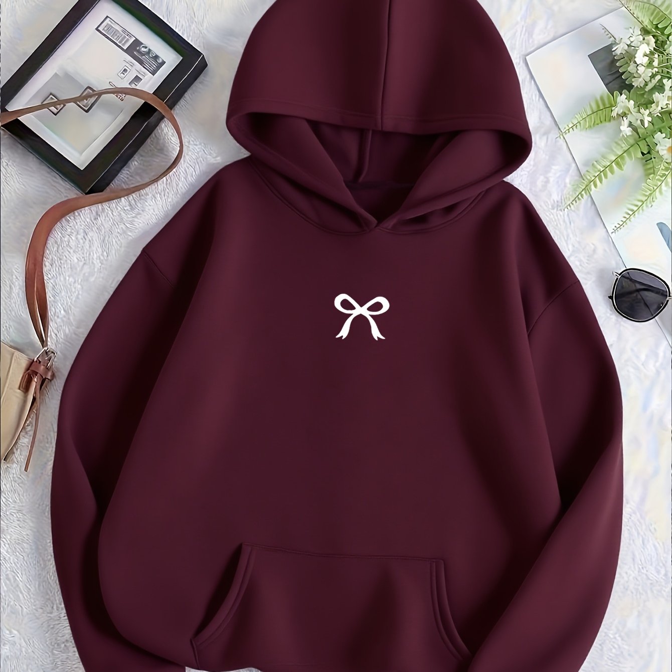 Image of Women's Trendy Fashion Bow Pattern Kangaroo Pocket Warm Lined Hooded Sweatshirt